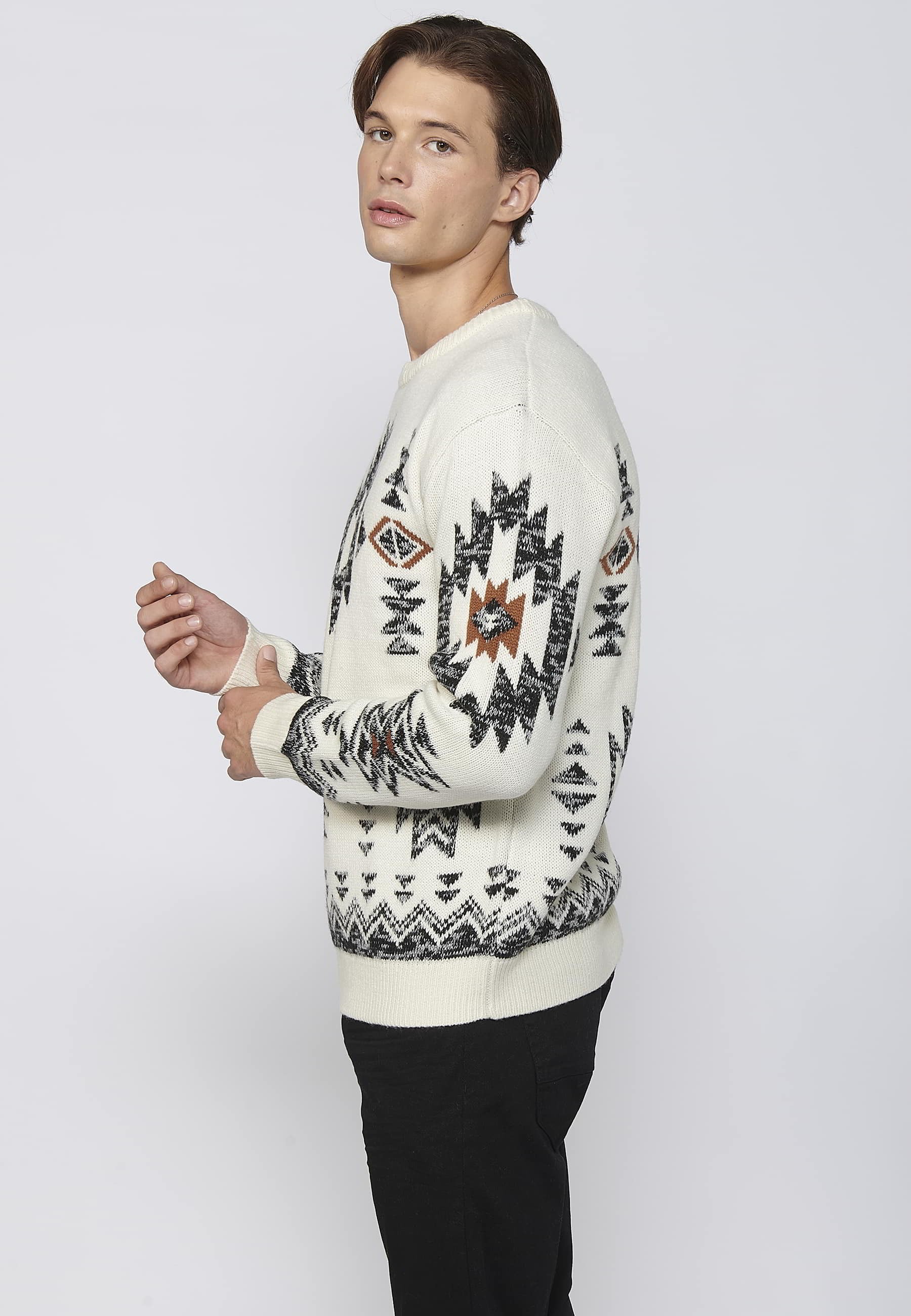 Jersey de punto grueso de manga larga con detalle étnico color crudo para hombre | Ropa Casual