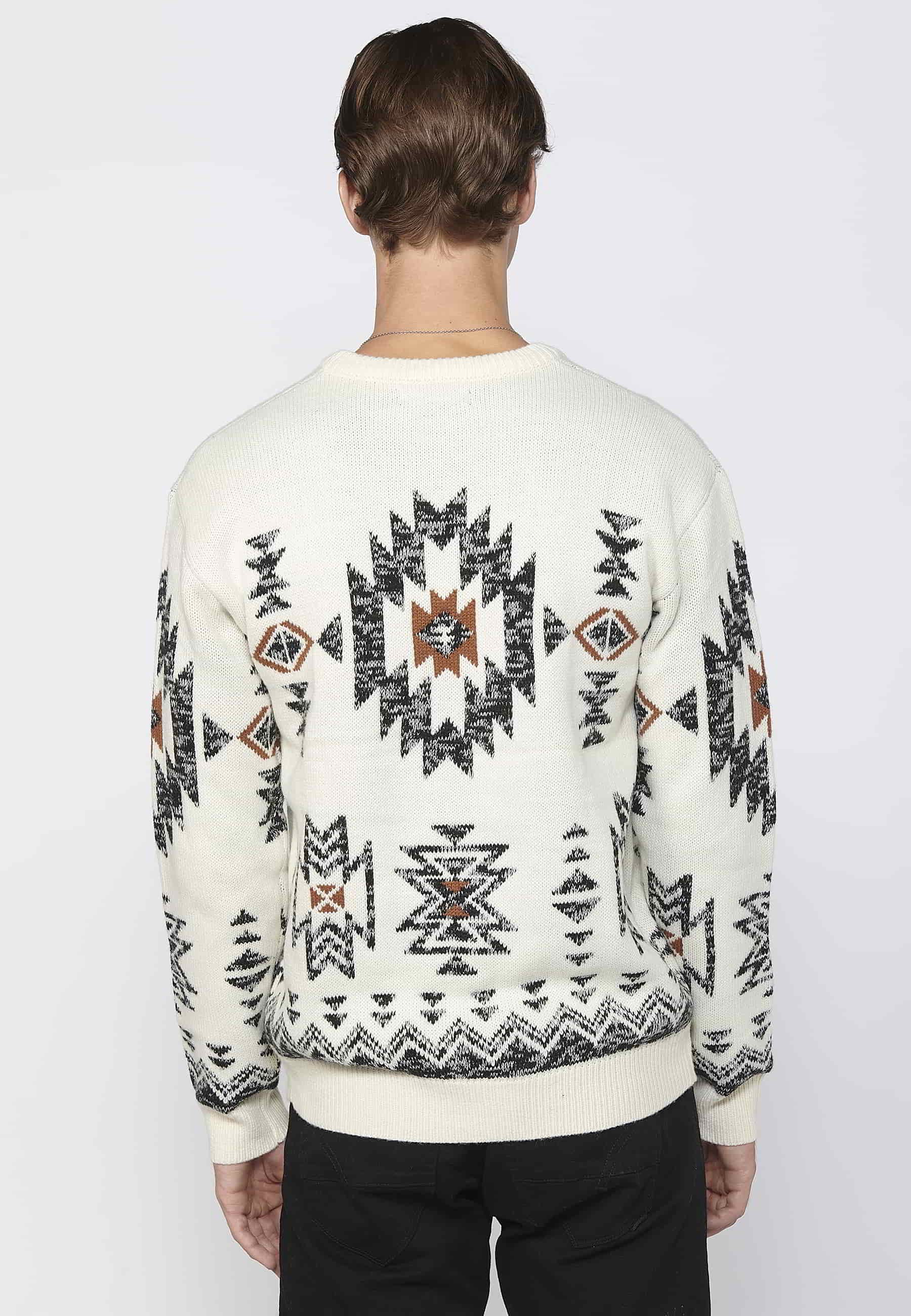 Jersey de punto grueso de manga larga con detalle étnico color crudo para hombre | Ropa Casual