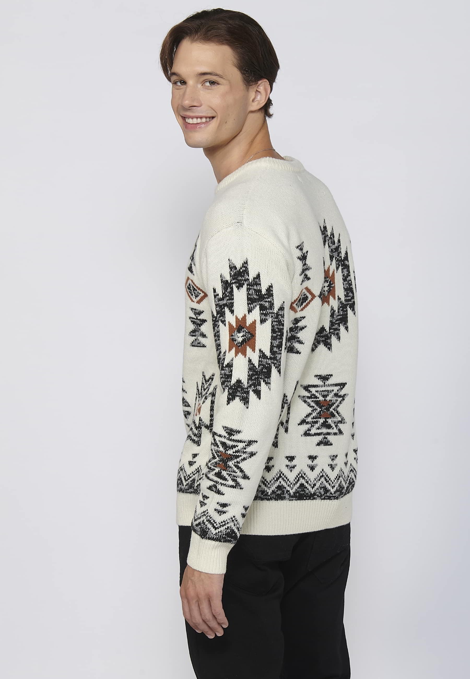Jersey de punto grueso de manga larga con detalle étnico color crudo para hombre | Ropa Casual