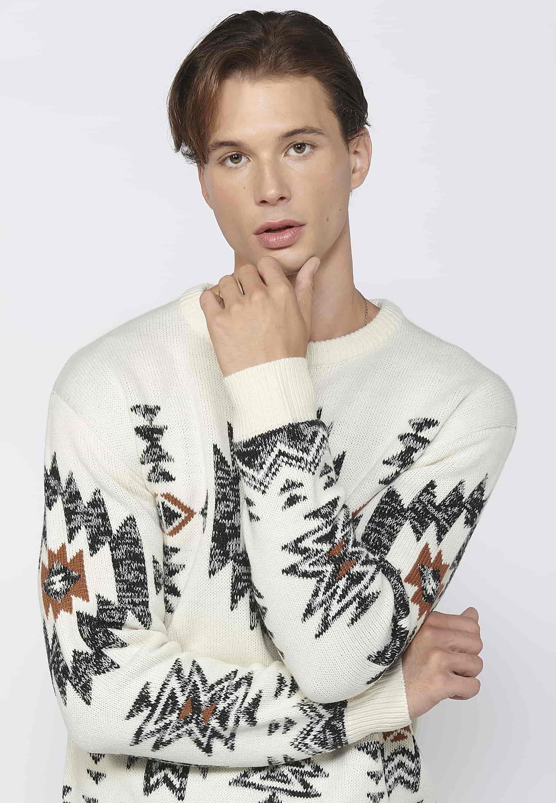 Jersey de punto grueso de manga larga con detalle étnico color crudo para hombre | Ropa Casual