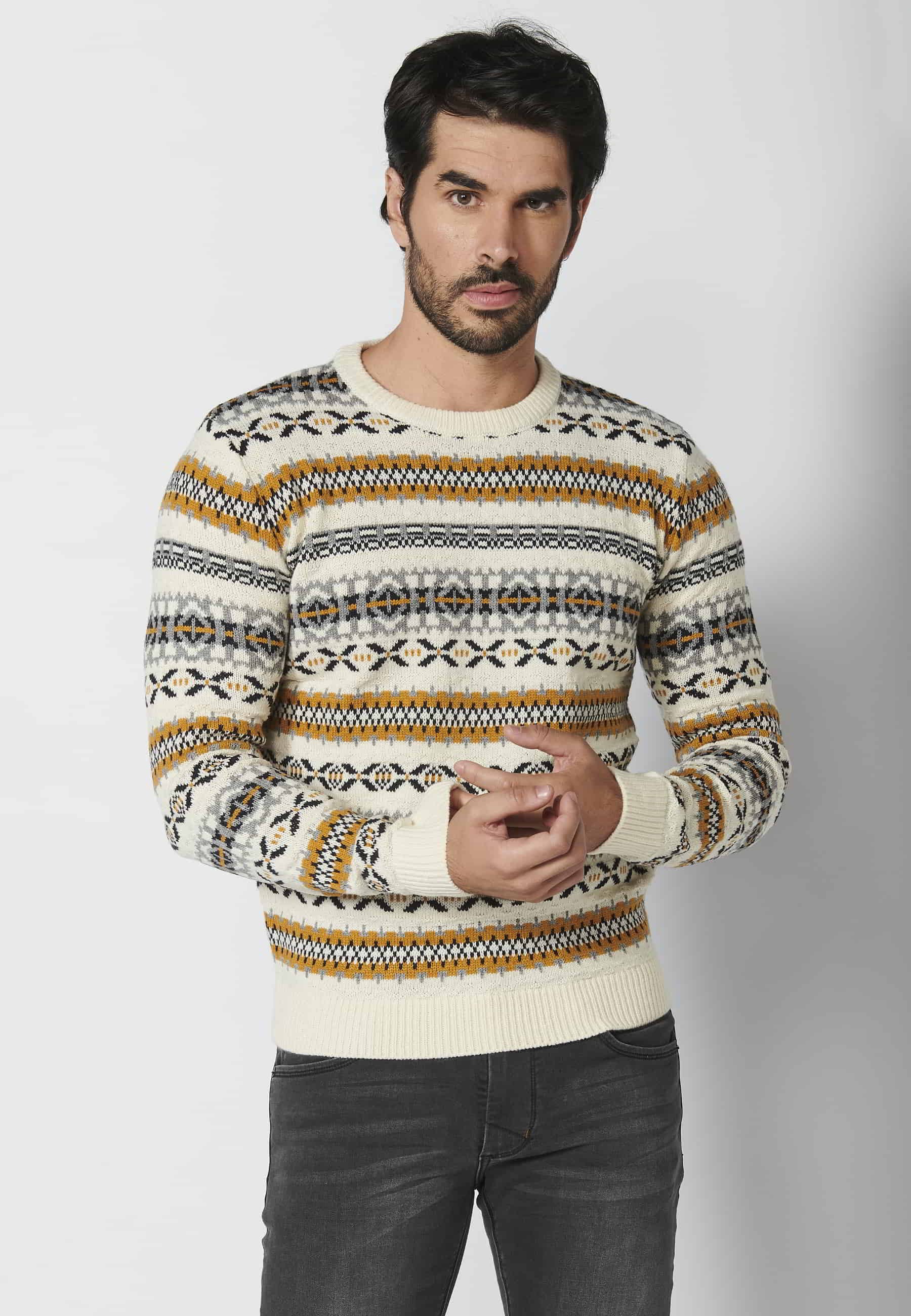 Ecru striped round neck long-sleeved knit sweater for Men