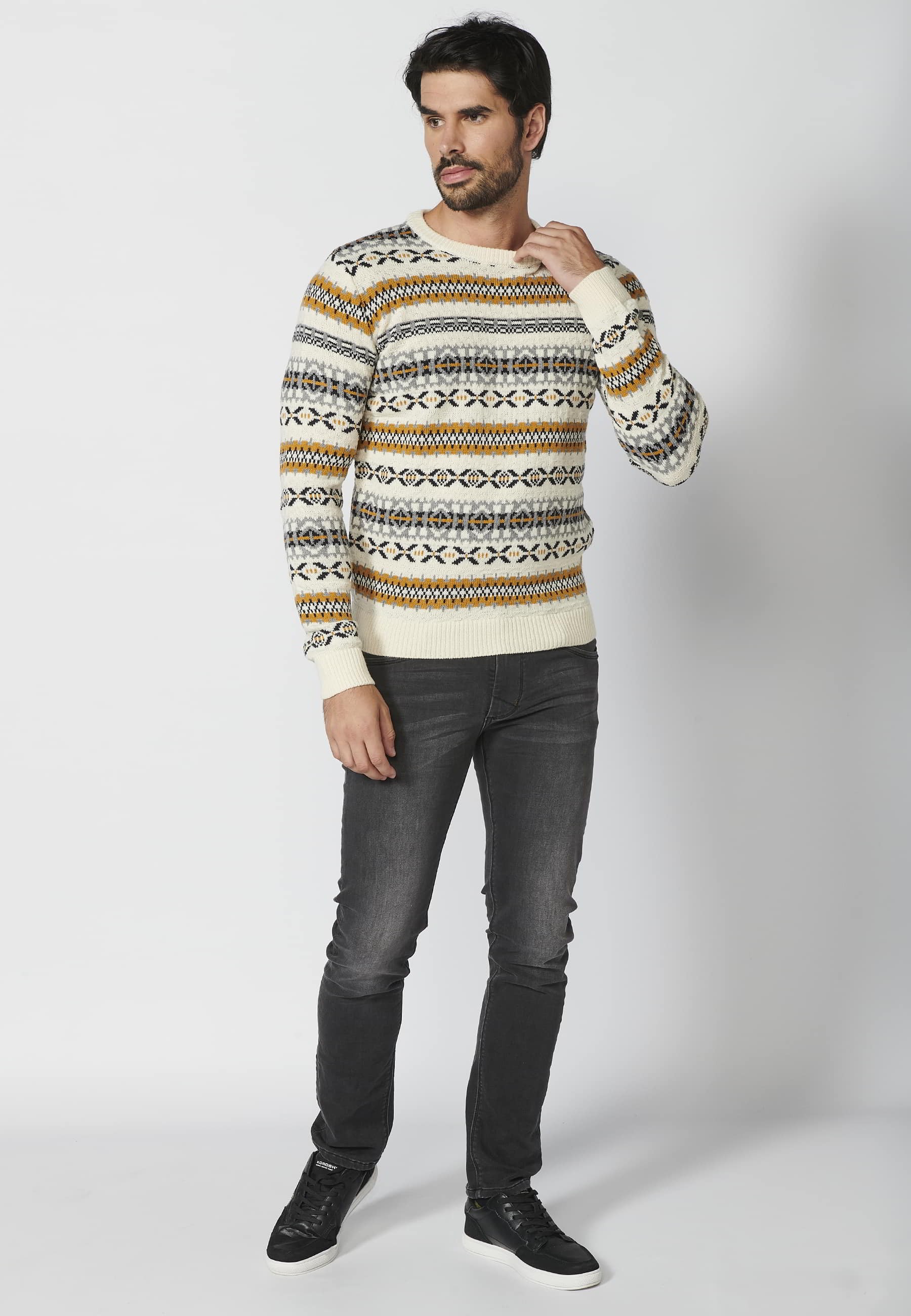Ecru striped round neck long-sleeved knit sweater for Men