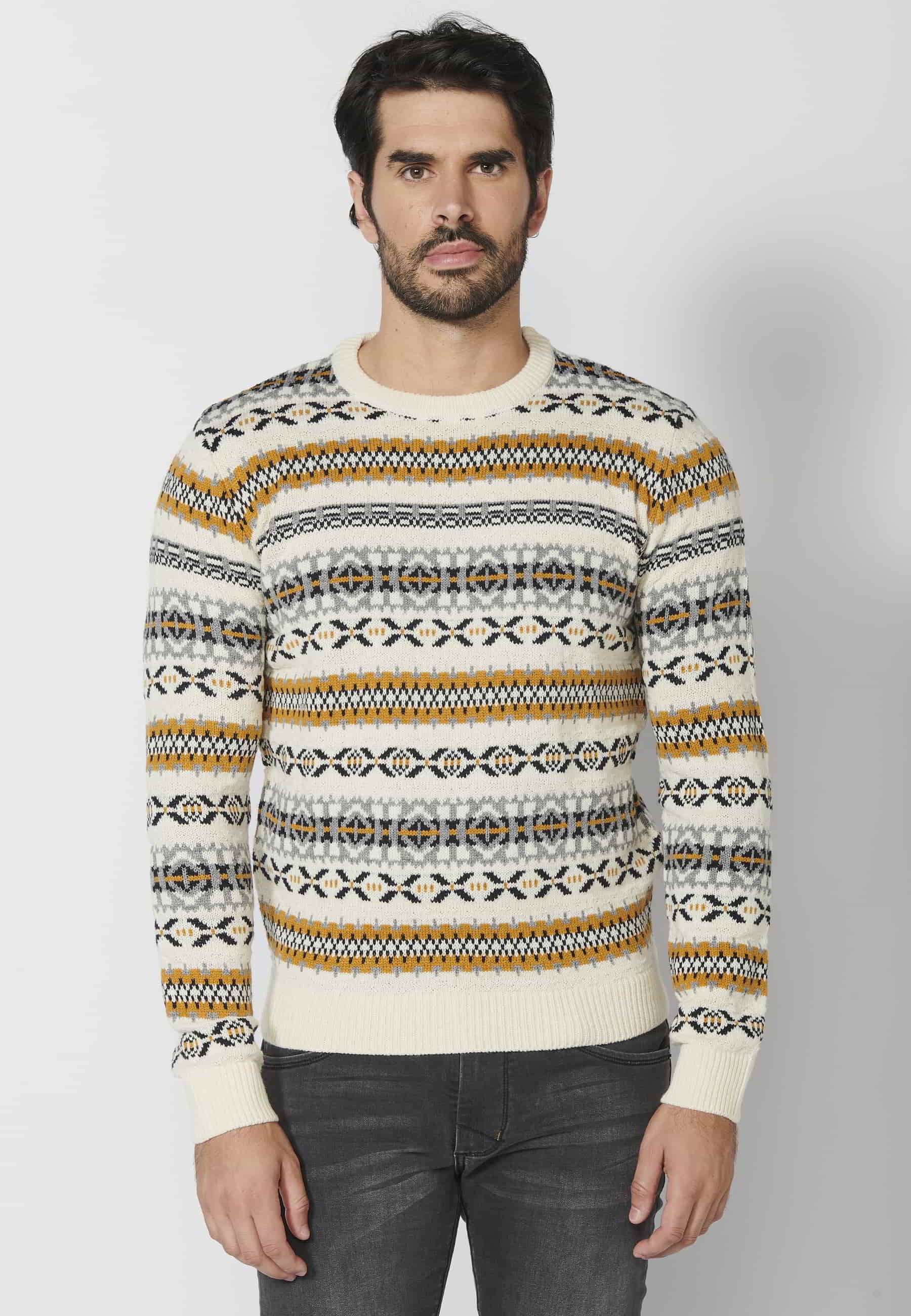 Ecru striped round neck long-sleeved knit sweater for Men