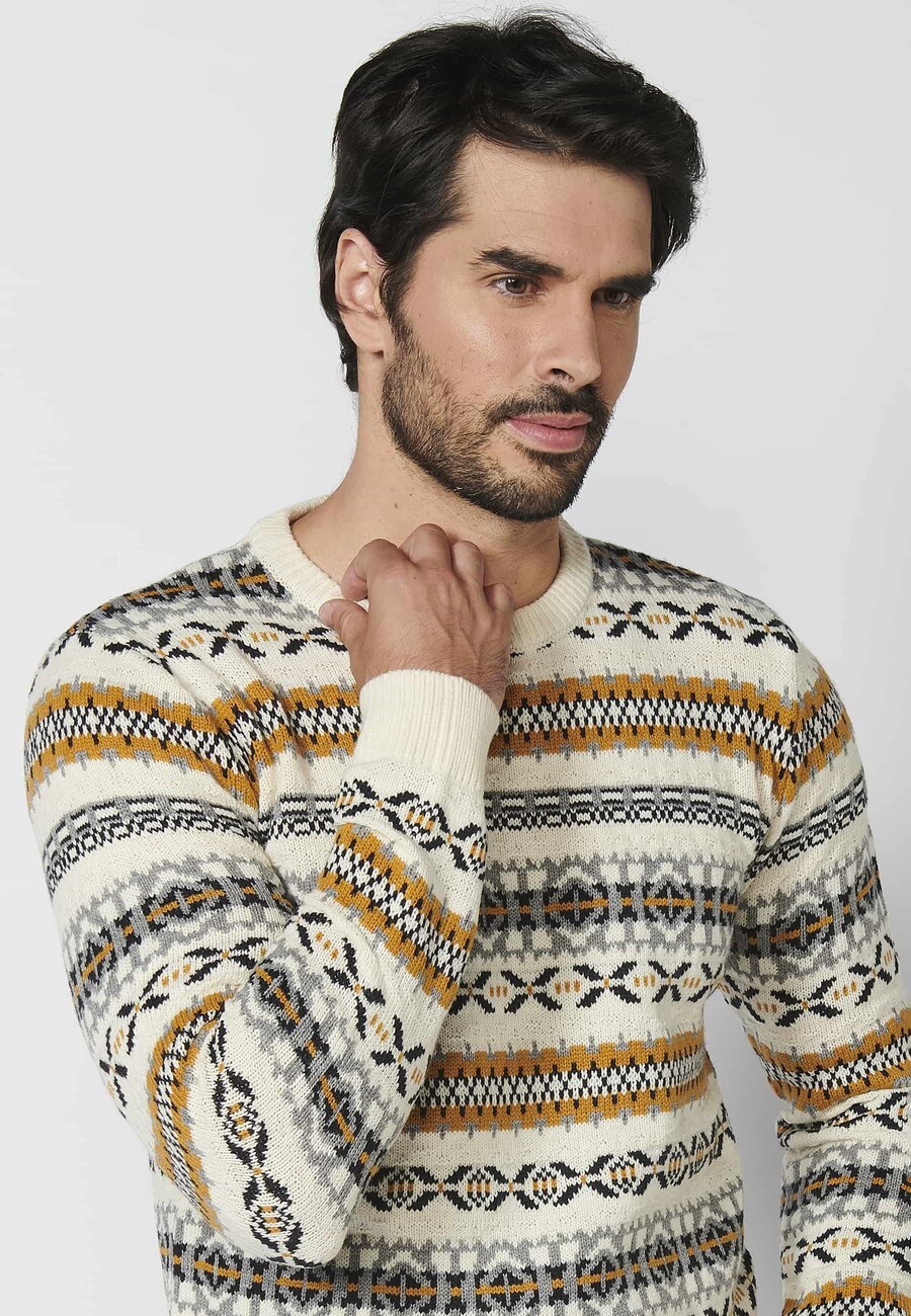 Ecru striped round neck long-sleeved knit sweater for Men 7