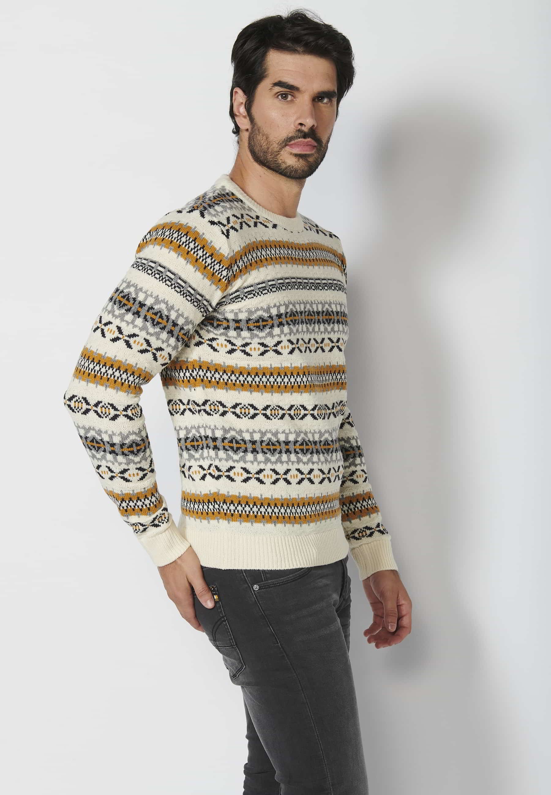 Ecru striped round neck long-sleeved knit sweater for Men