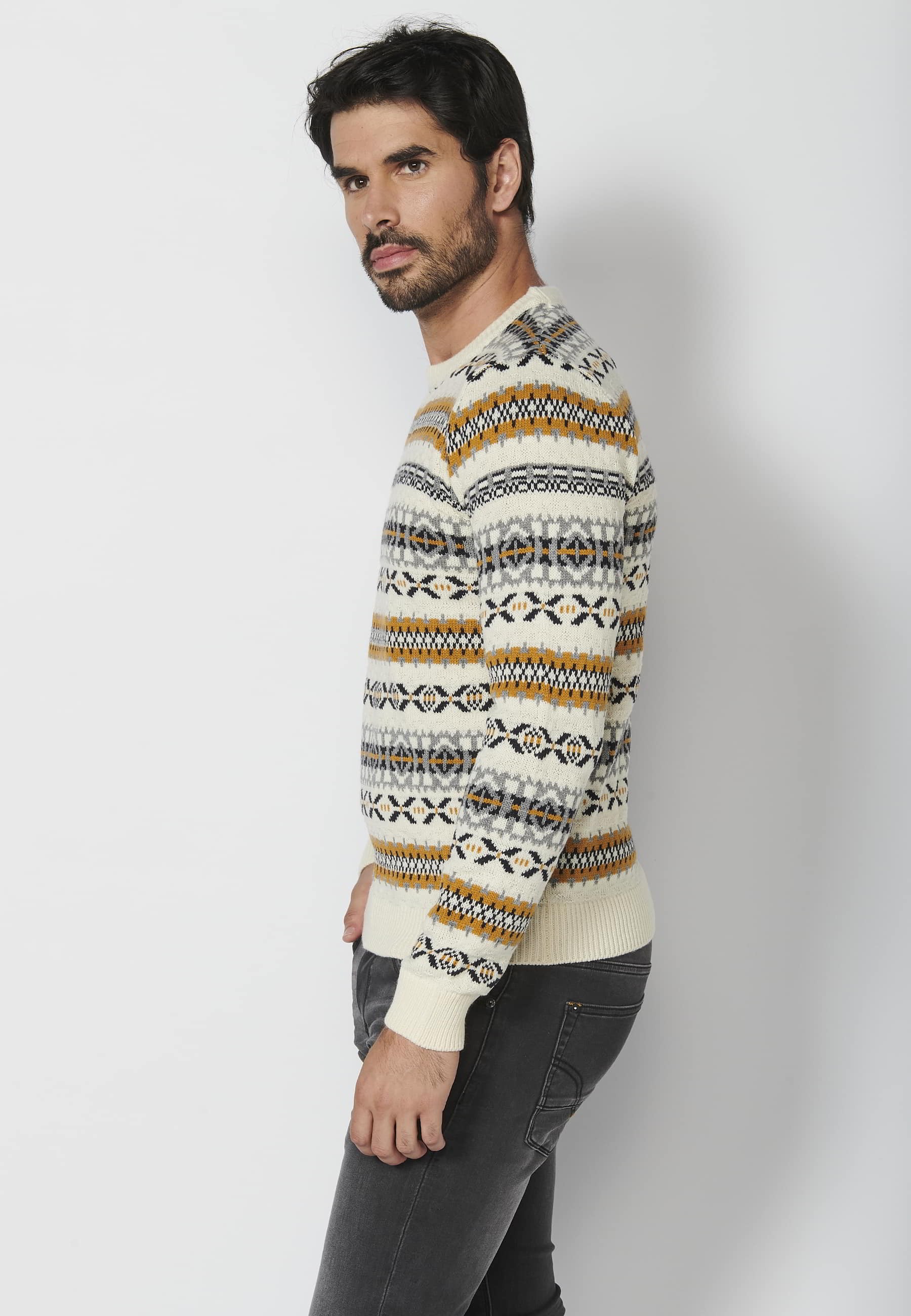 Ecru striped round neck long-sleeved knit sweater for Men