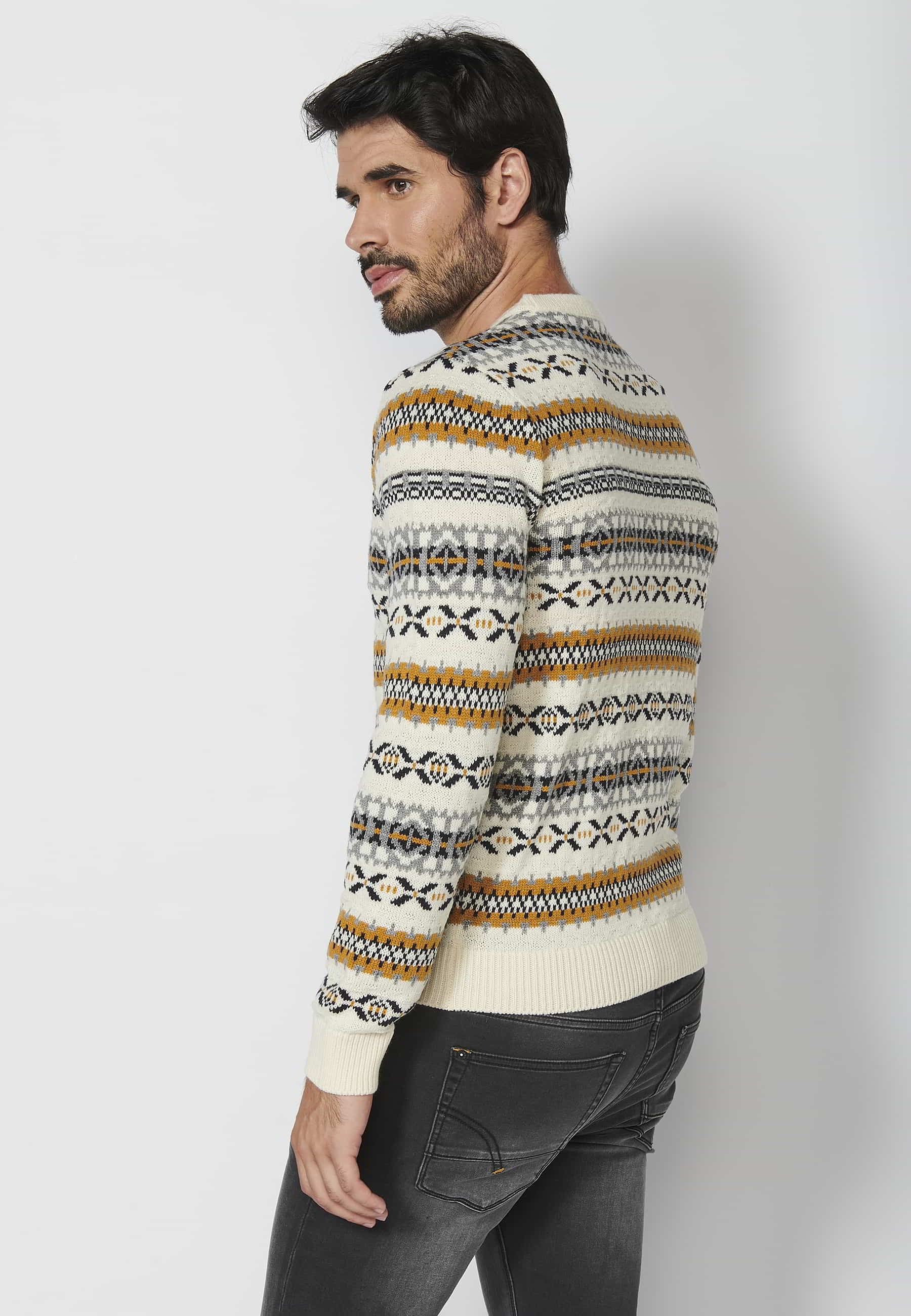 Ecru striped round neck long-sleeved knit sweater for Men