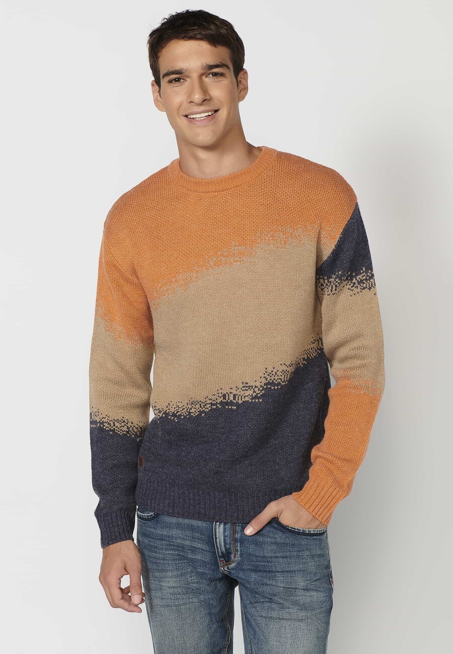 Jersei de punt màniga llarga coll rodó a franges multicolor per a Home