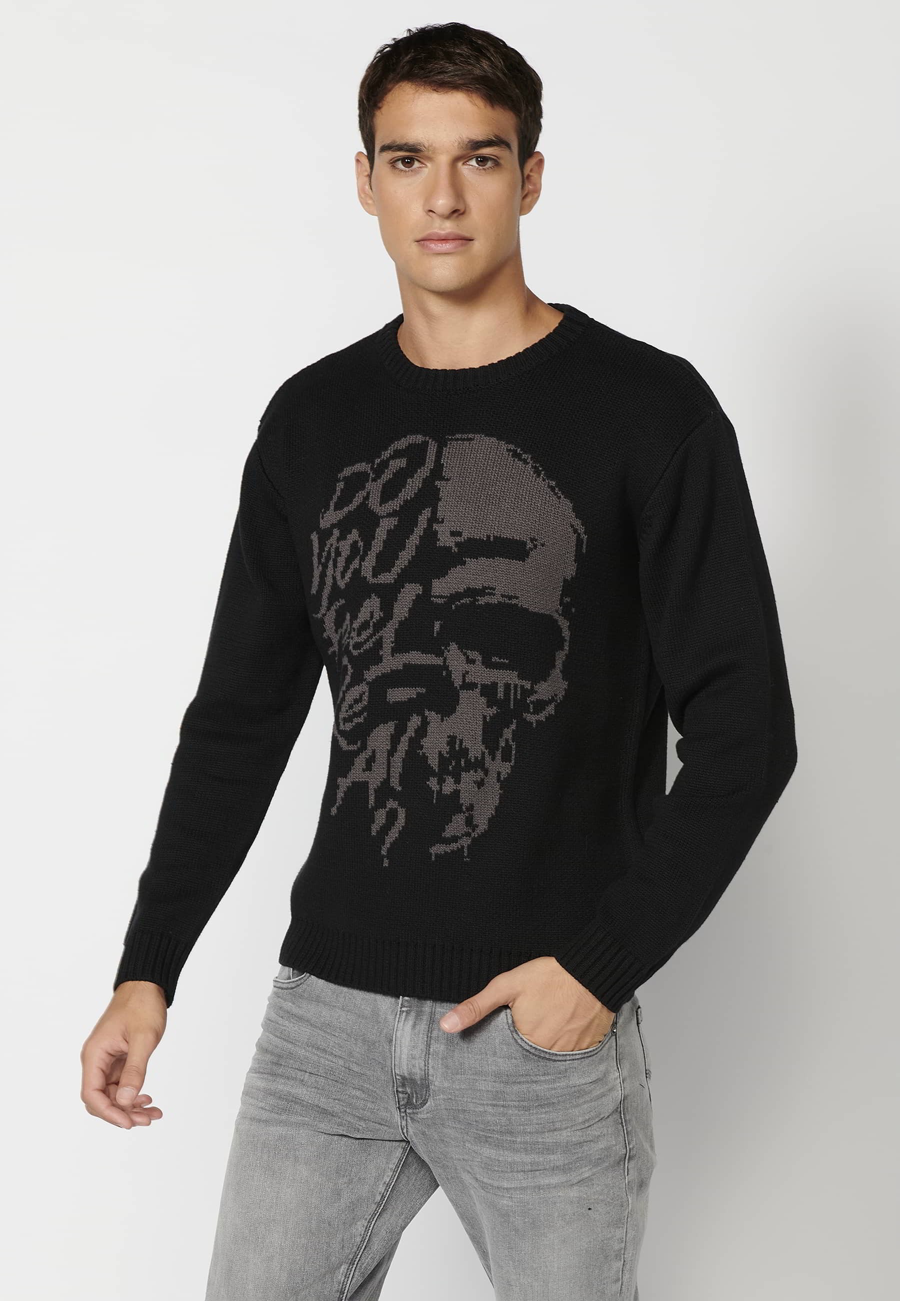 Gestrickter Pullover mit langen Ärmeln, Rundhalsausschnitt, Vorderdetail, schwarze Farbe für Herren