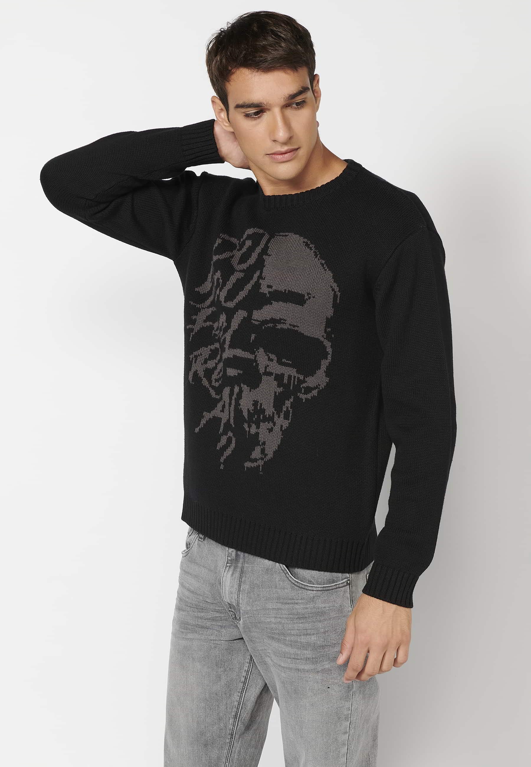 Gestrickter Pullover mit langen Ärmeln, Rundhalsausschnitt, Vorderdetail, schwarze Farbe für Herren 6