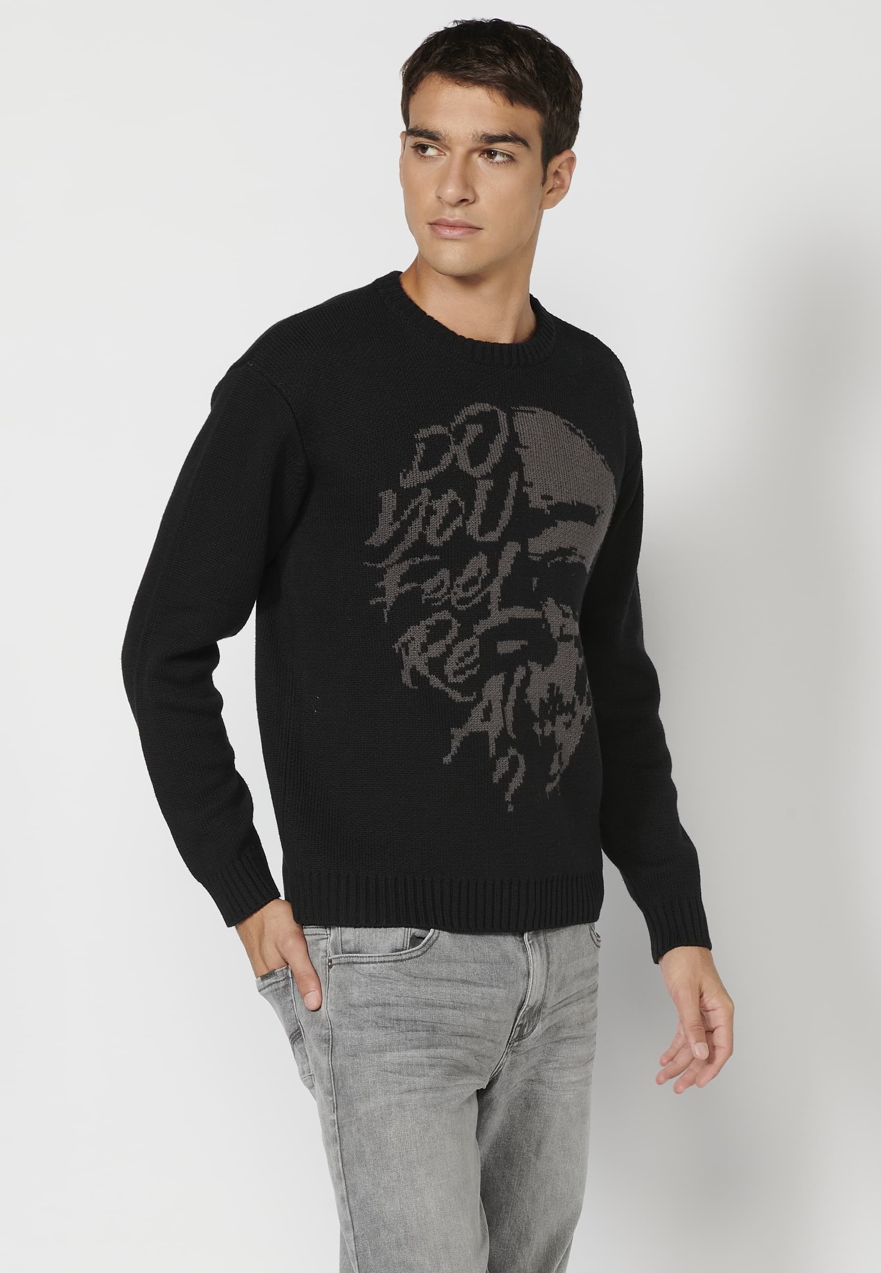 Gestrickter Pullover mit langen Ärmeln, Rundhalsausschnitt, Vorderdetail, schwarze Farbe für Herren 5