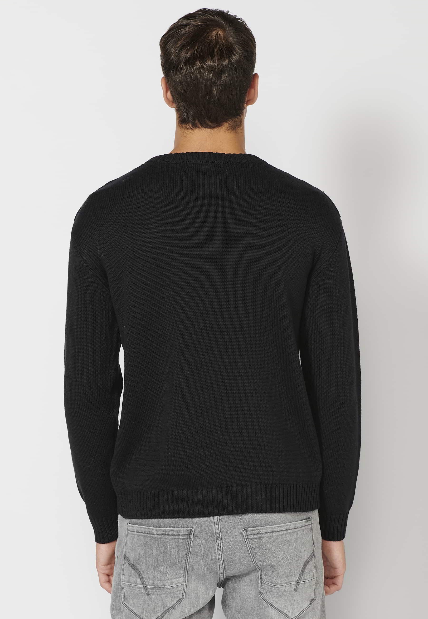 Gestrickter Pullover mit langen Ärmeln, Rundhalsausschnitt, Vorderdetail, schwarze Farbe für Herren 4