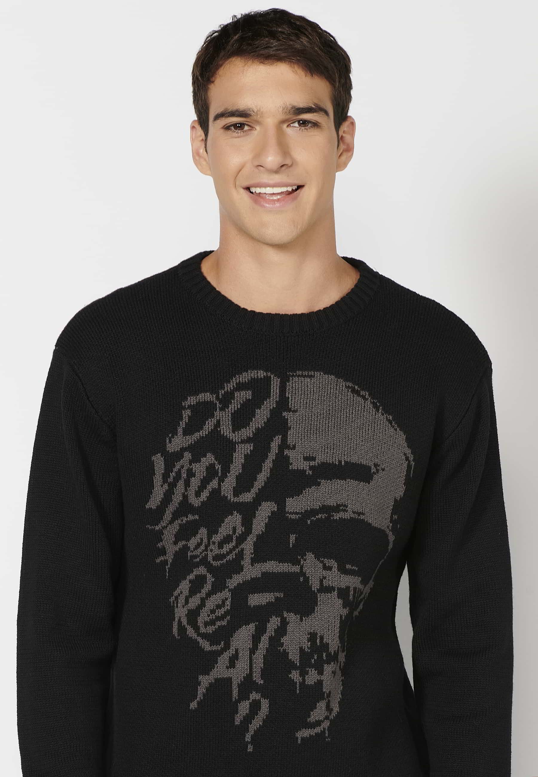 Gestrickter Pullover mit langen Ärmeln, Rundhalsausschnitt, Vorderdetail, schwarze Farbe für Herren 1