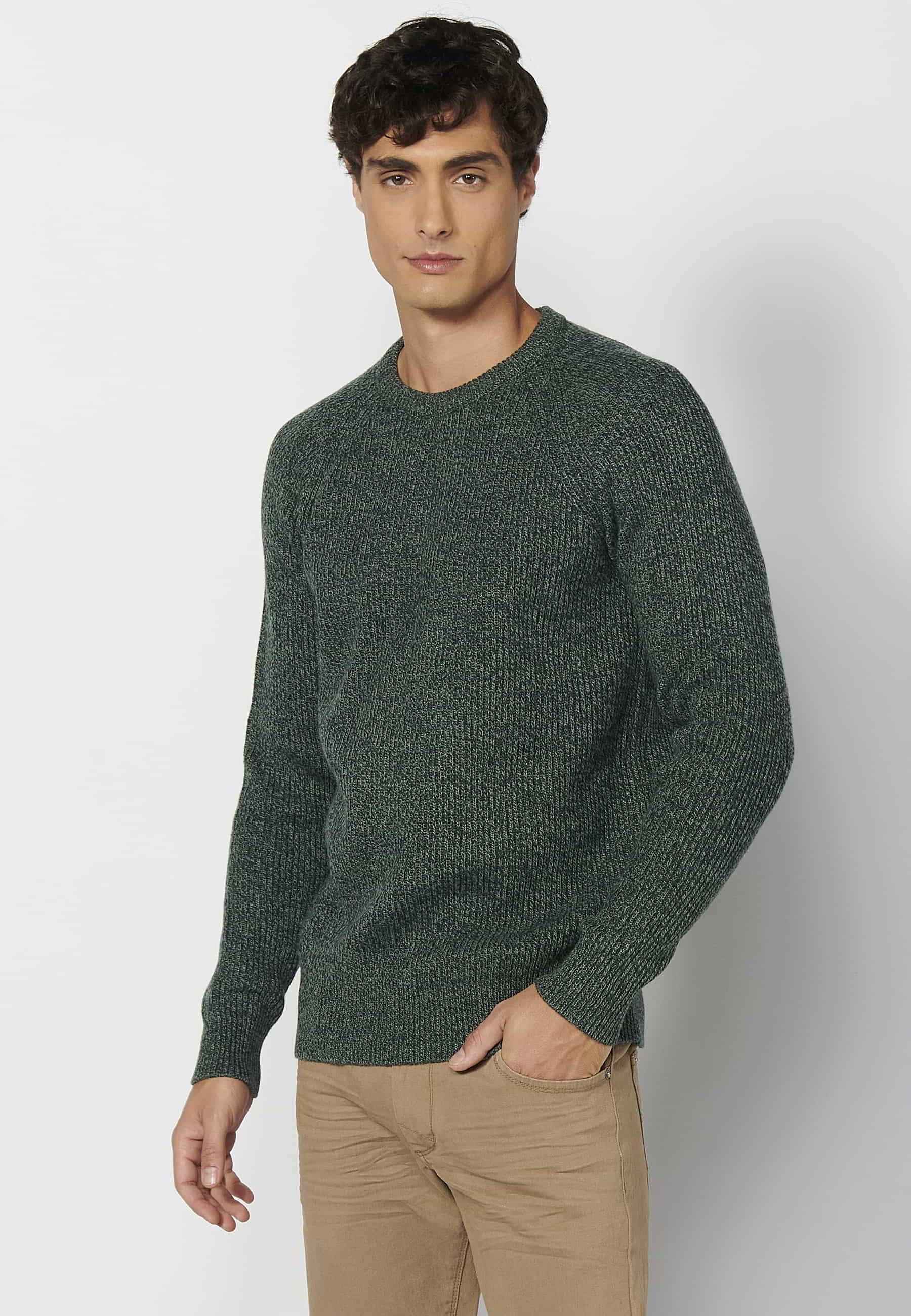 Green crew neck long sleeve knitted sweater for men