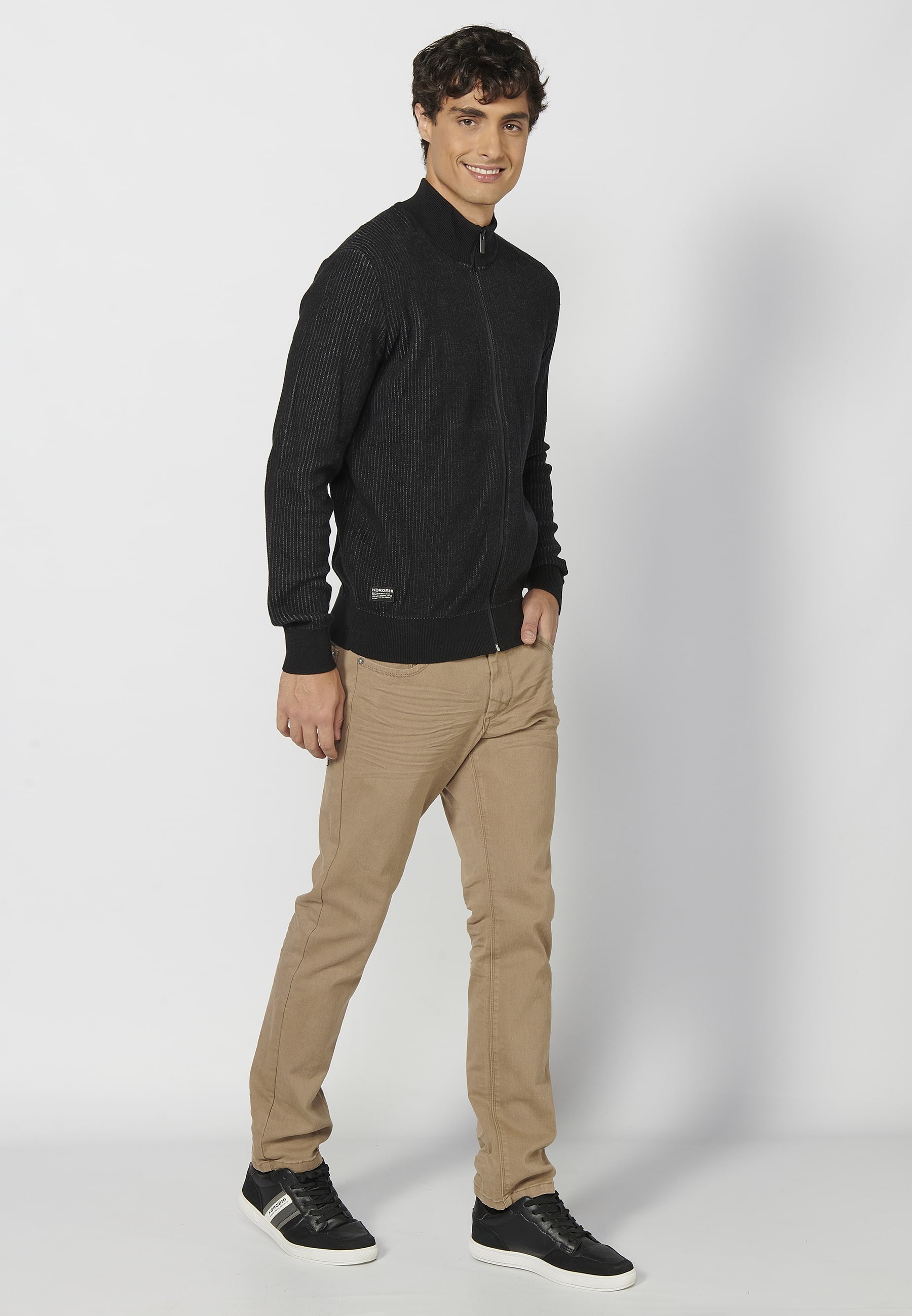 Jersey de punto de algodón manga larga cuello alto cierre cremallera color negro para hombre | Ropa Casual 2