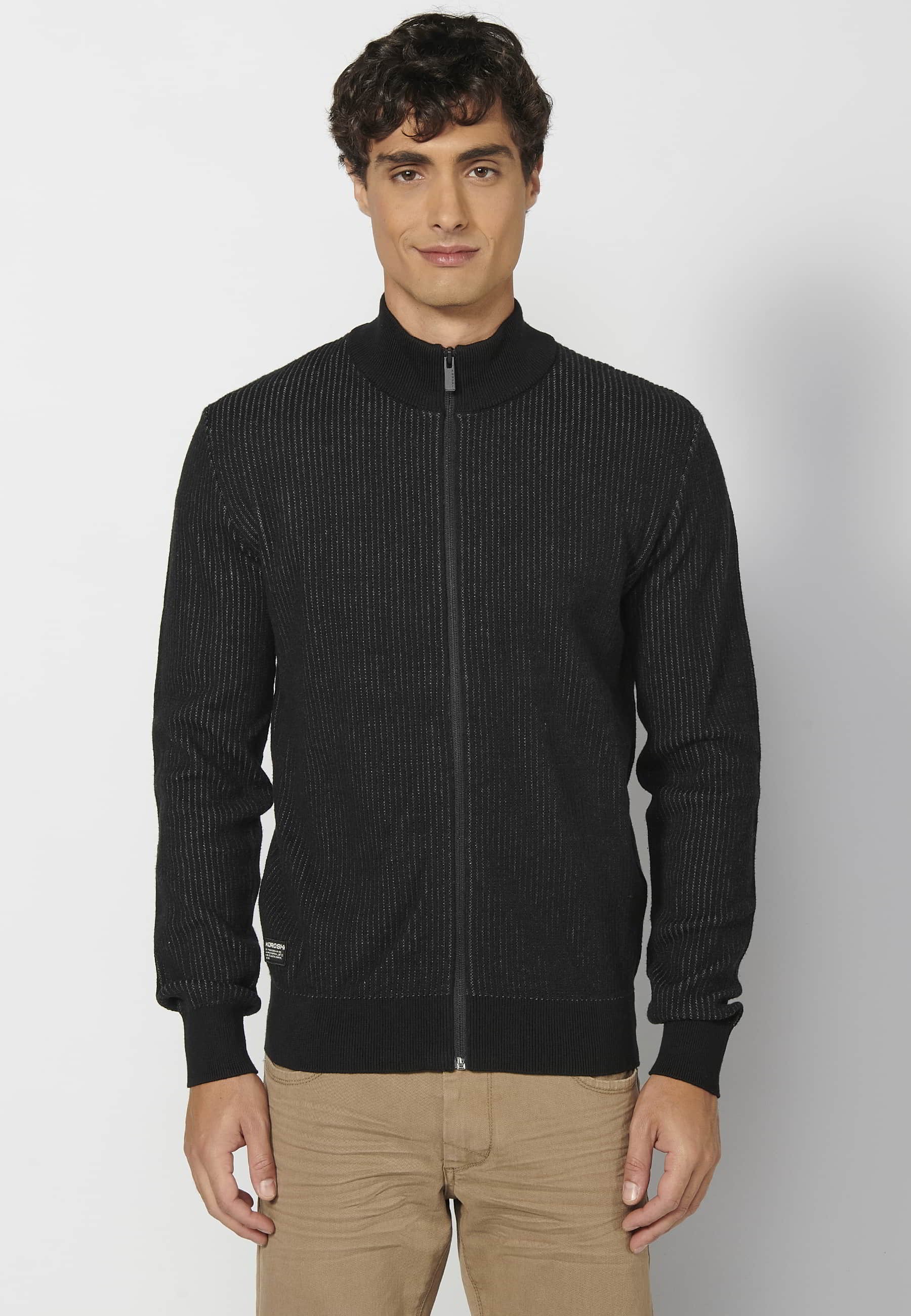 Jersey de punto de algodón manga larga cuello alto cierre cremallera color negro para hombre | Ropa Casual 3