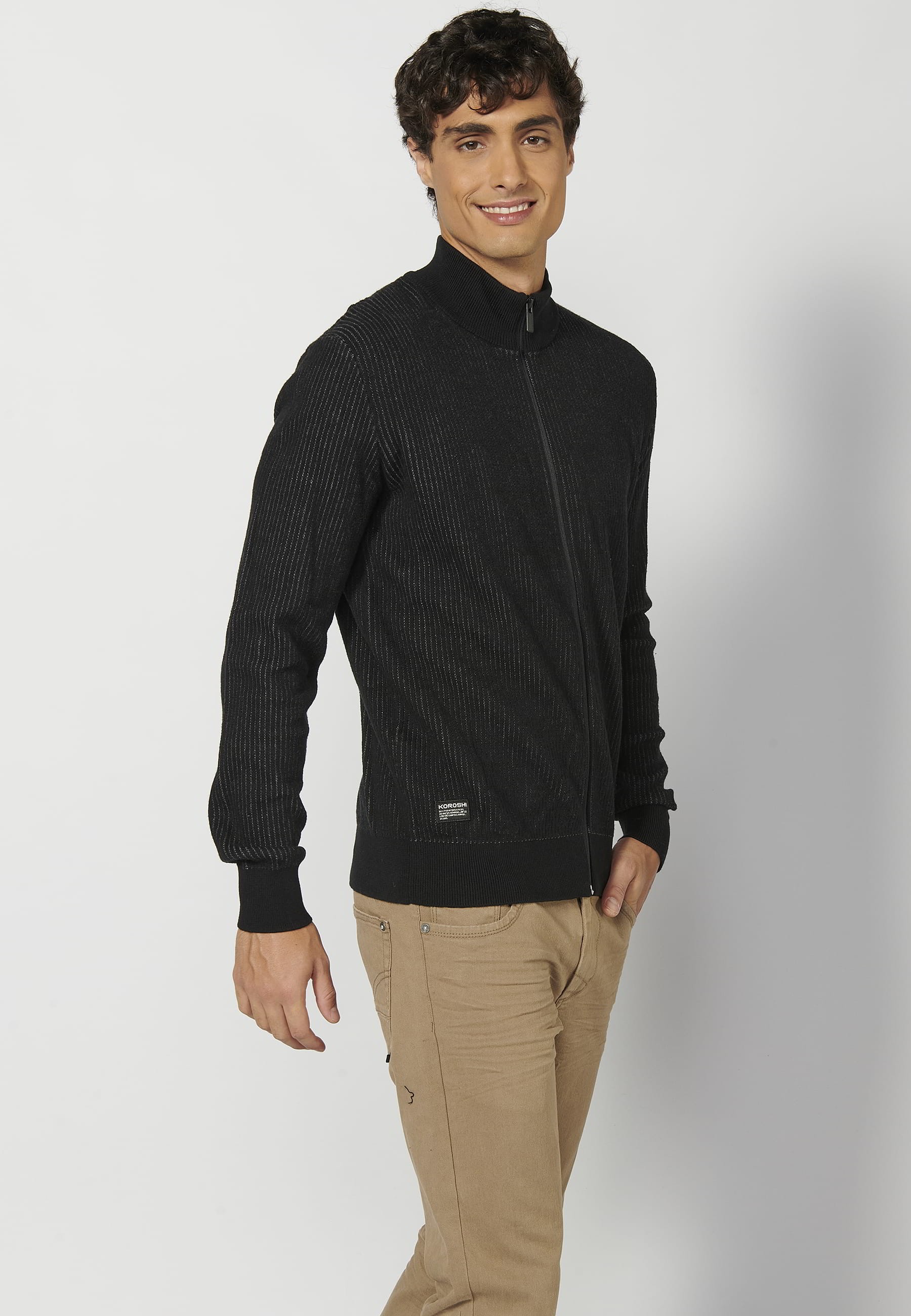 Jersey de punto de algodón manga larga cuello alto cierre cremallera color negro para hombre | Ropa Casual 4