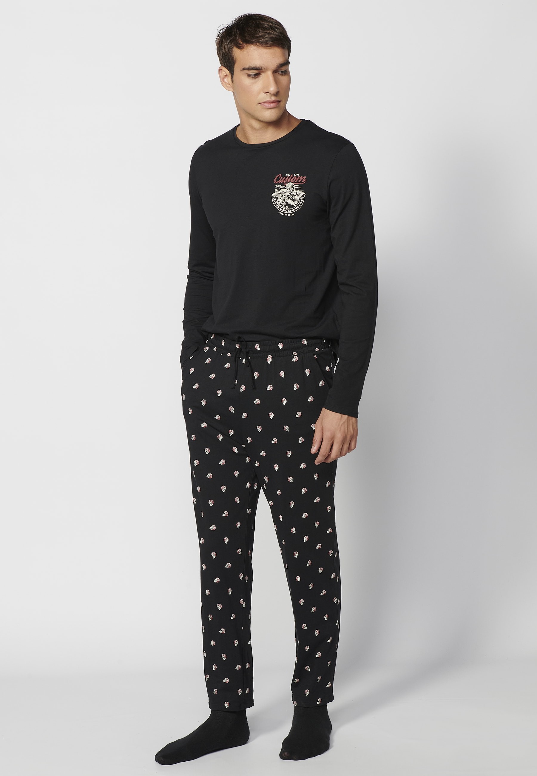 Pyjama long en coton noir pour homme