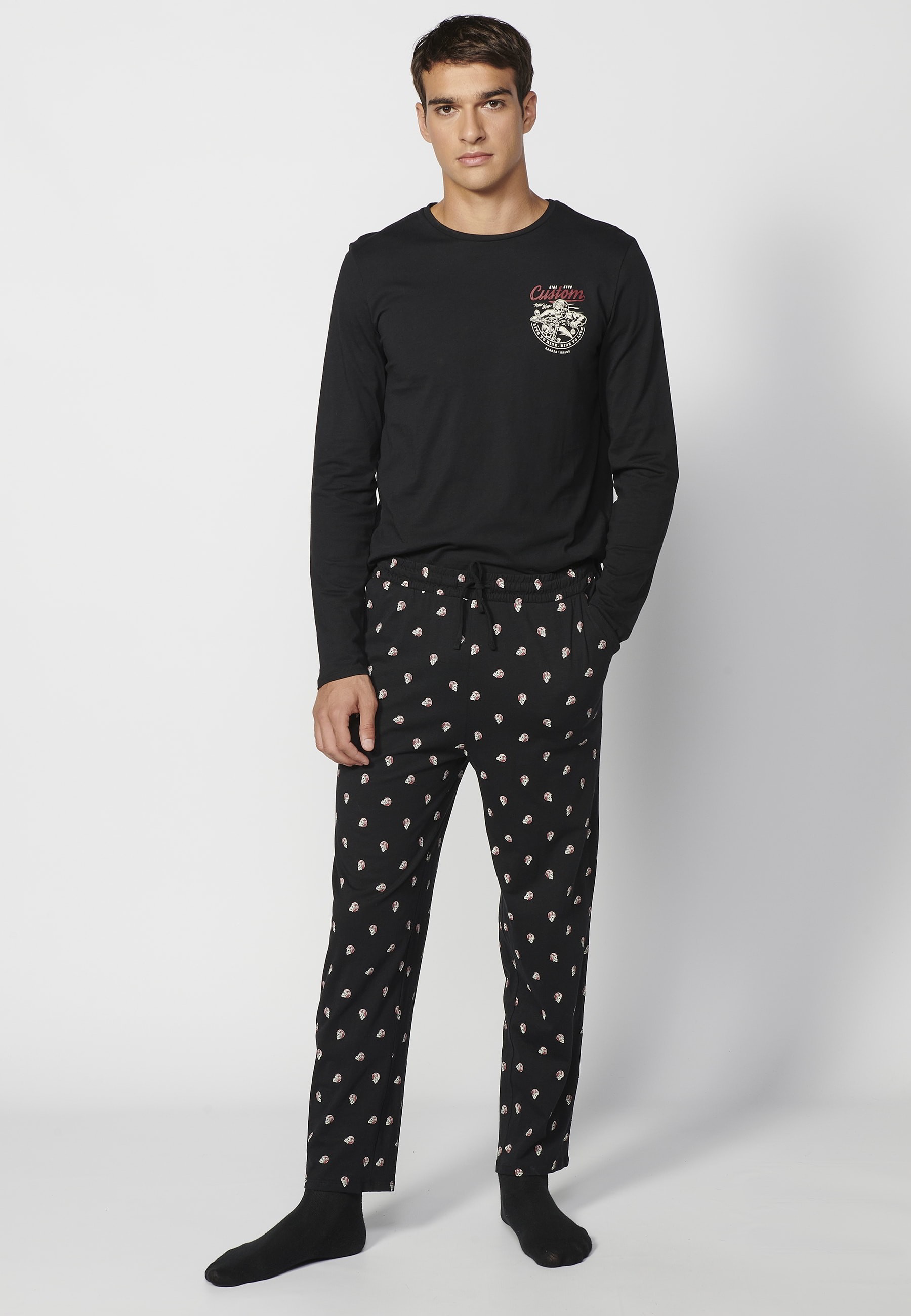 Pyjama long en coton noir pour homme