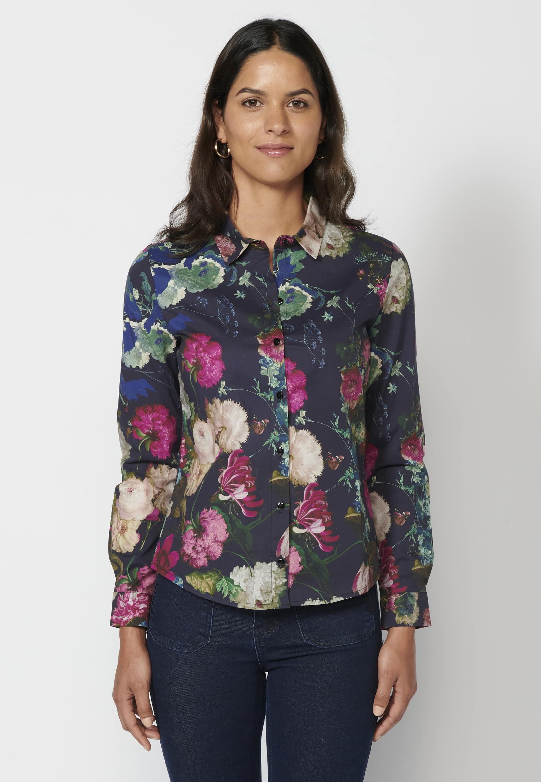Multicolor Floral Print Long Sleeve Shirt for Women