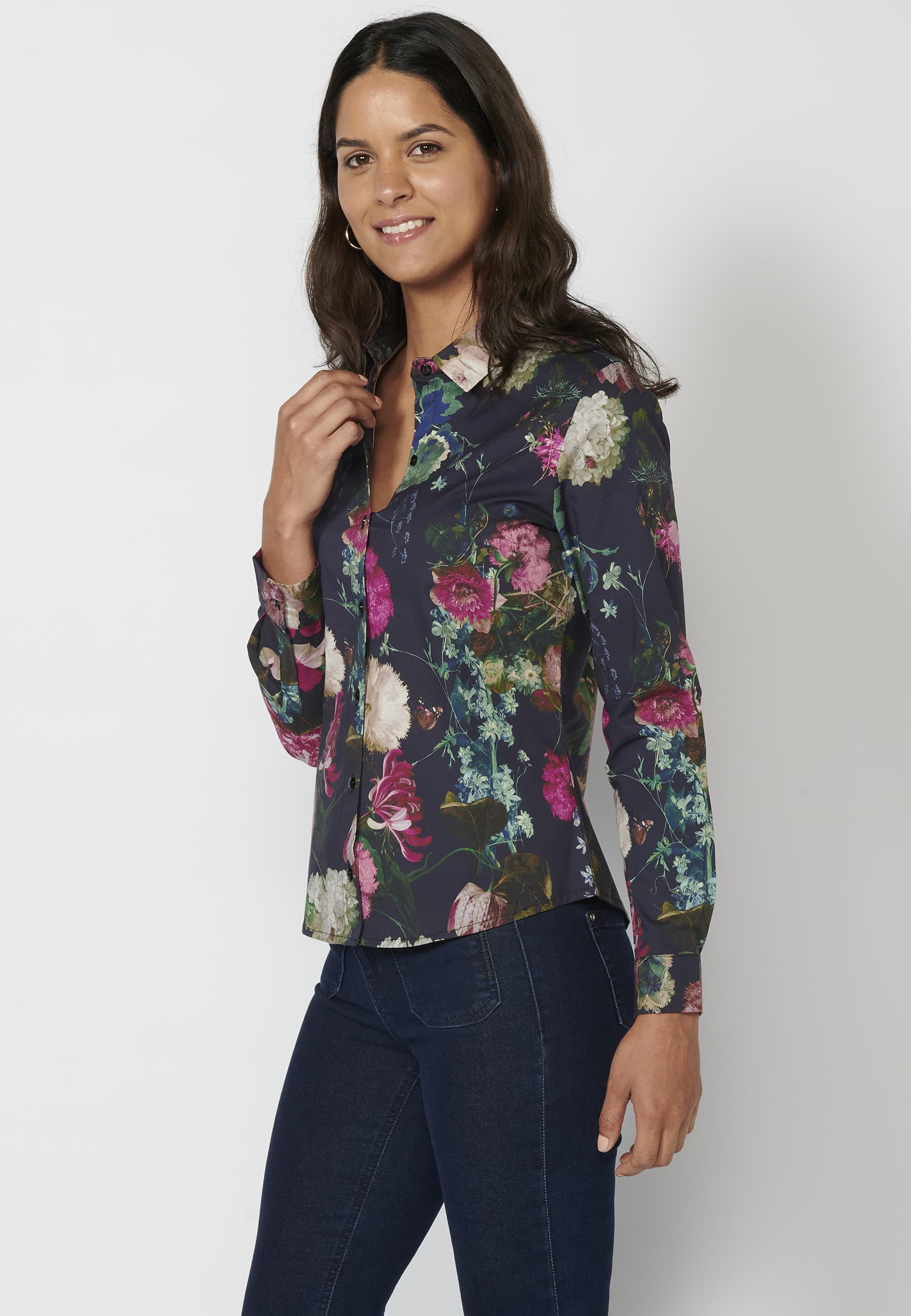 Multicolor Floral Print Long Sleeve Shirt for Women