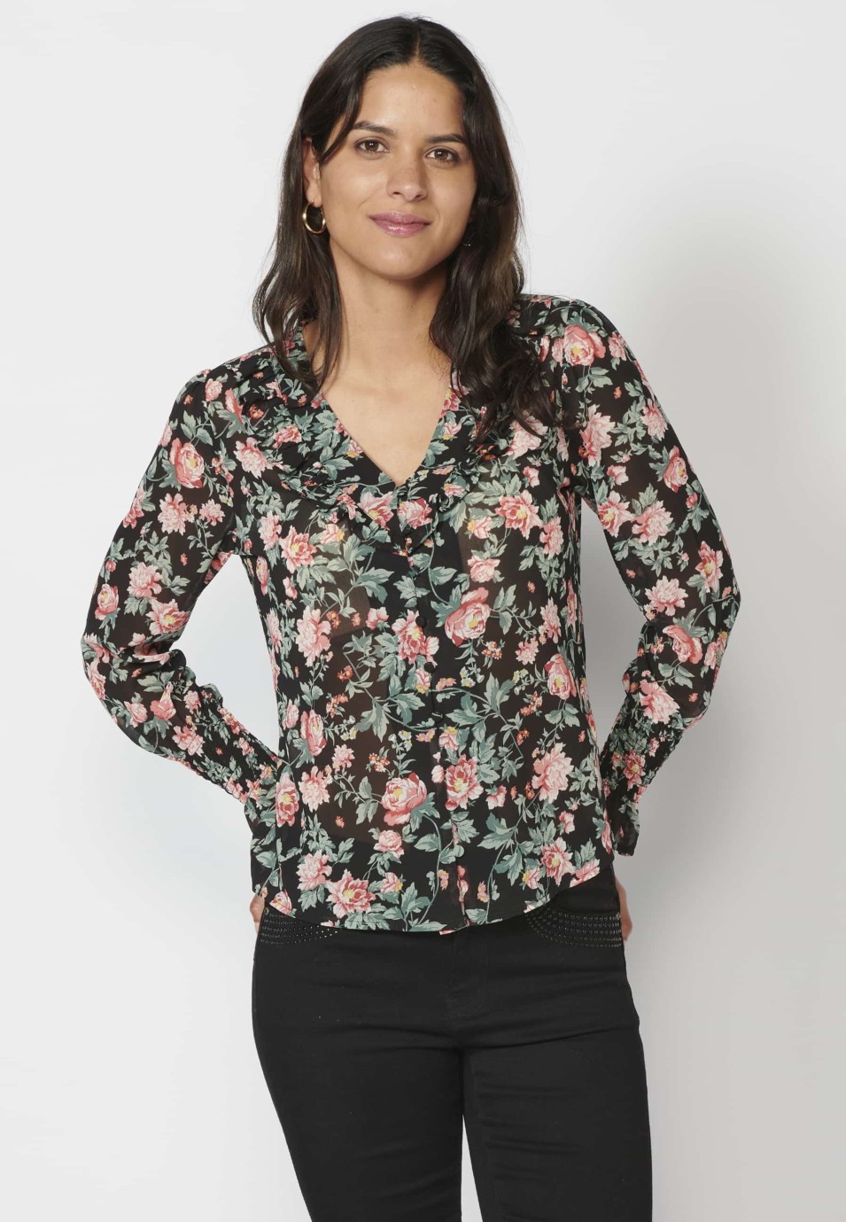 Blusa de manga larga con estampado floral y mangas acabadas con goma color multicolor para mujer | Moda Actual