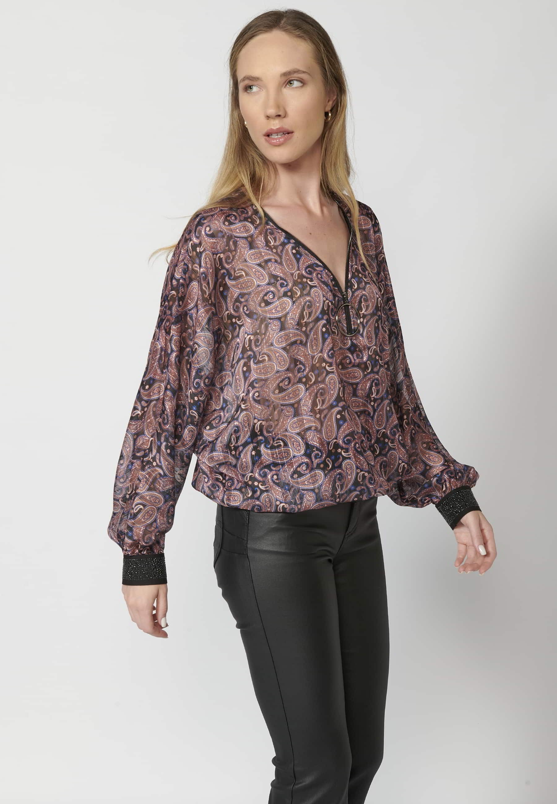 Women's Multicolor Batwing Sleeve Zipper V Neck Long Sleeve Blouse