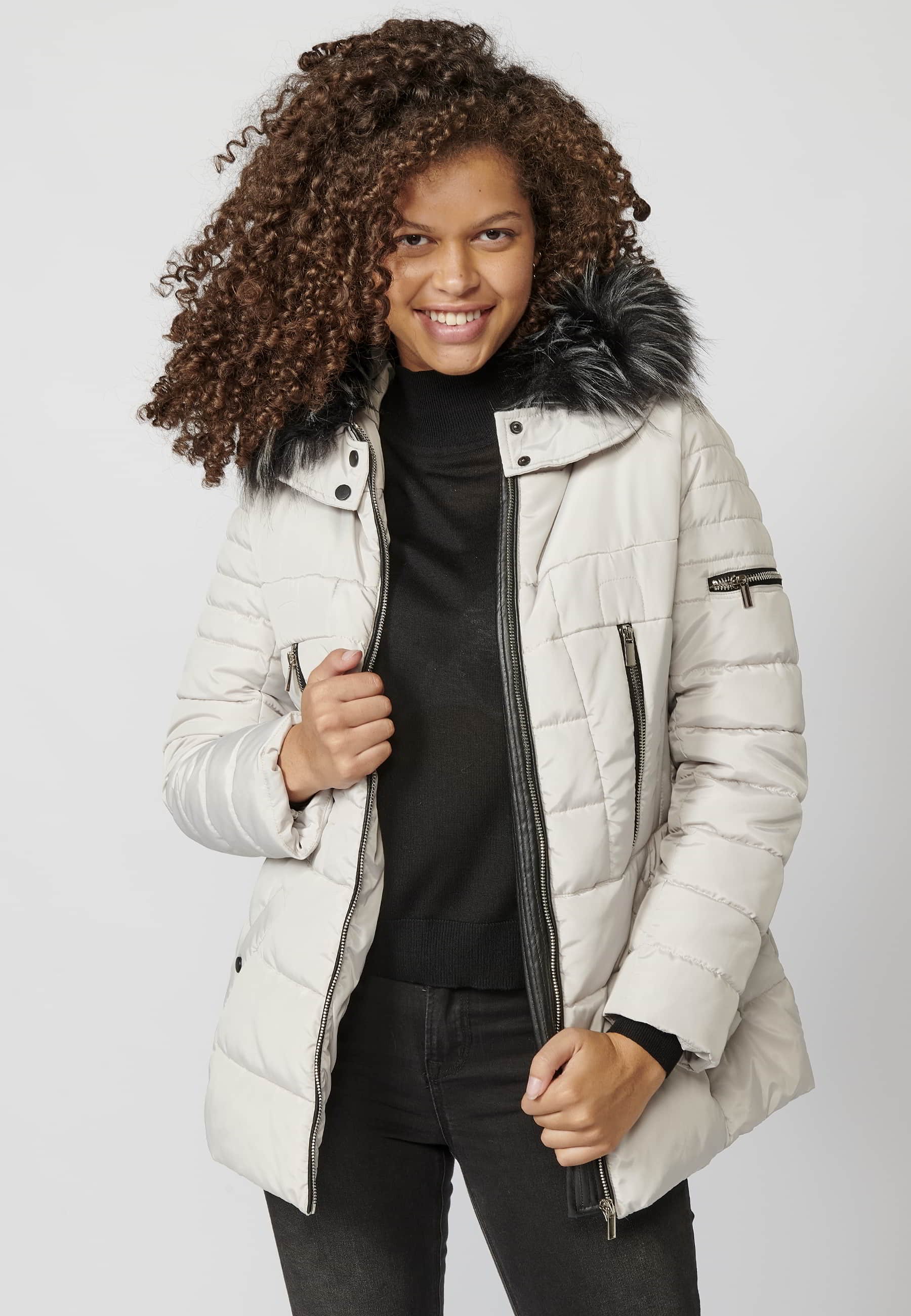 Abrigo acolchado de manga larga con capucha de pelo sintético desmontable color gris para mujer | Moda Actual