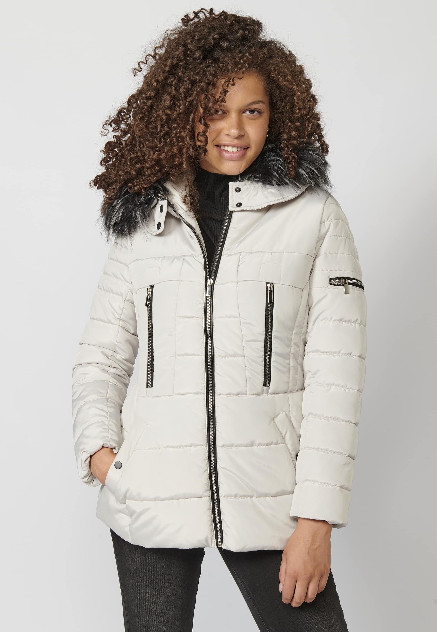 Abrigo acolchado de manga larga con capucha de pelo sintético desmontable color gris para mujer | Moda Actual