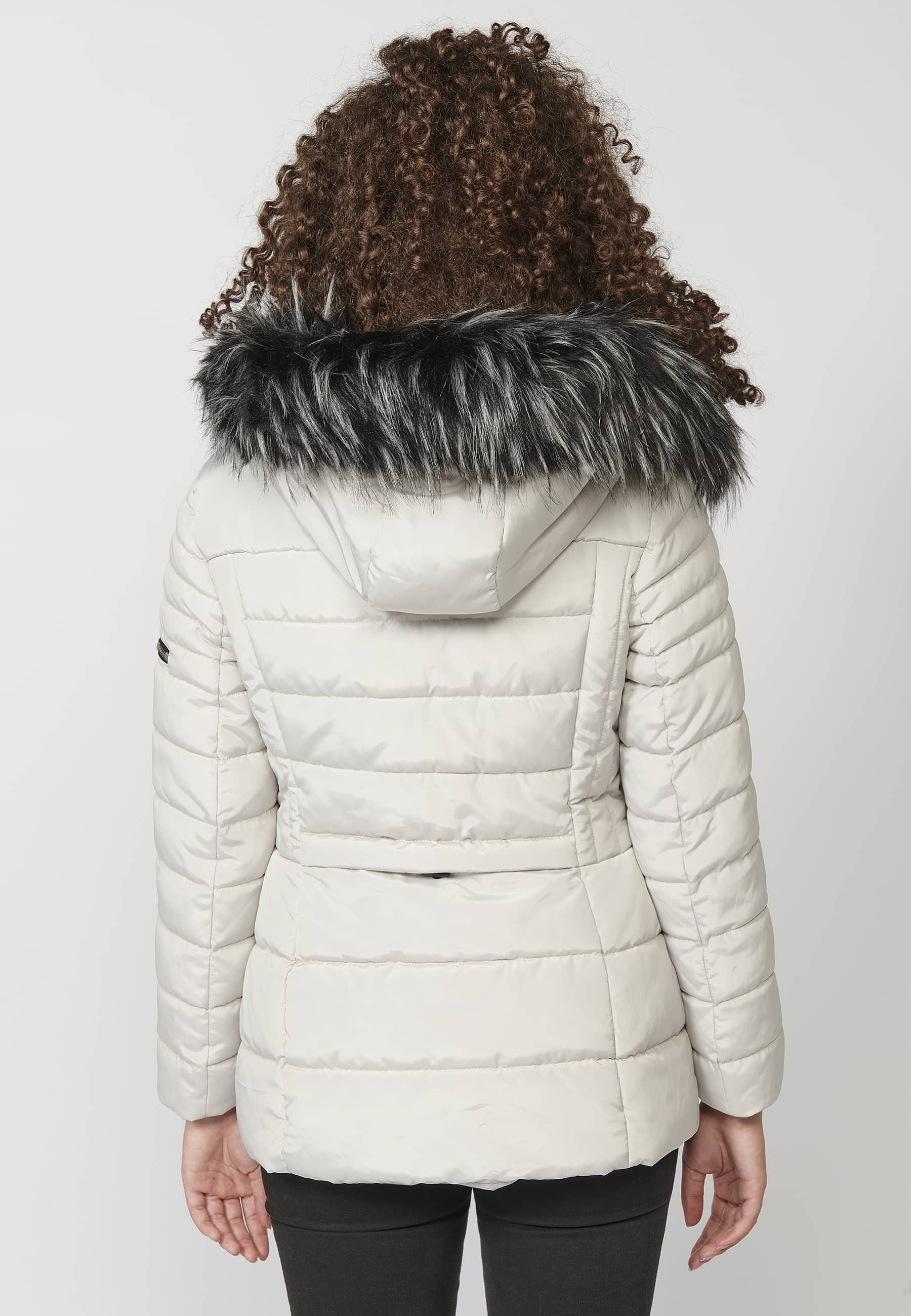 Abrigo acolchado de manga larga con capucha de pelo sintético desmontable color gris para mujer | Moda Actual