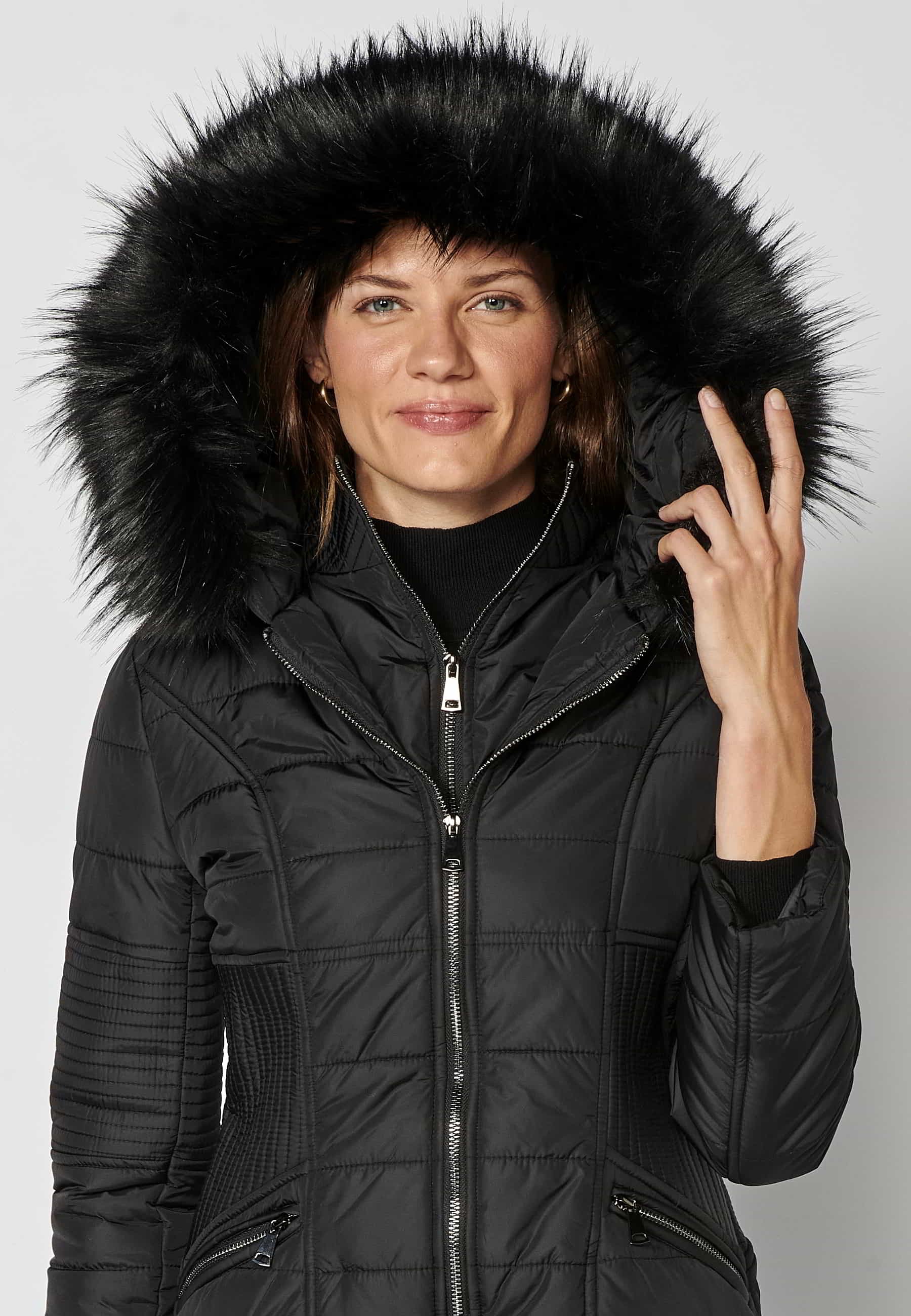 Long padded jacket with high collar with black faux fur hood for Women 8