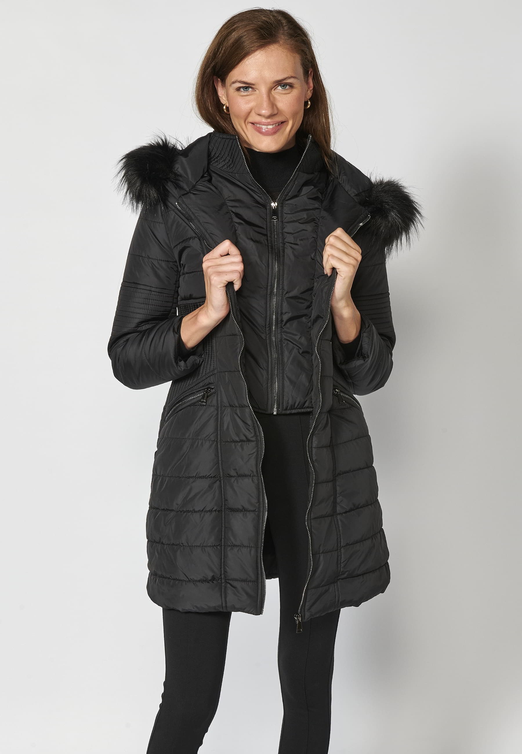 Long padded jacket with high collar with black faux fur hood for Women 7