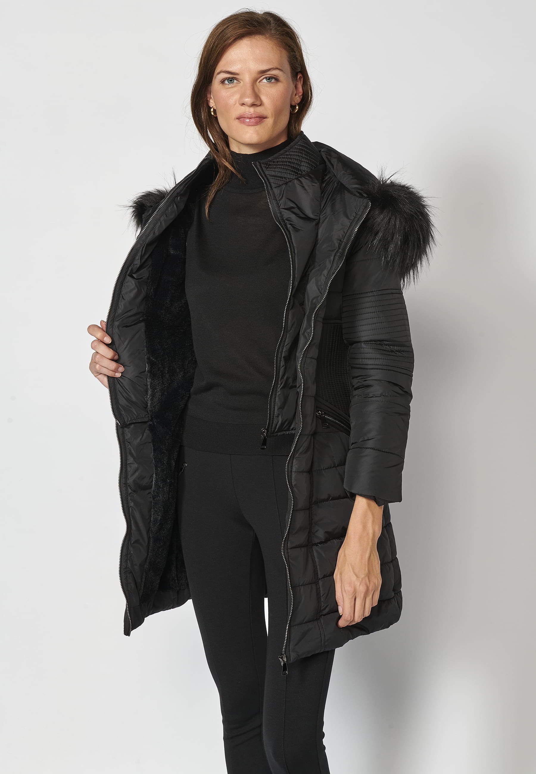 Long padded jacket with high collar with black faux fur hood for Women 11