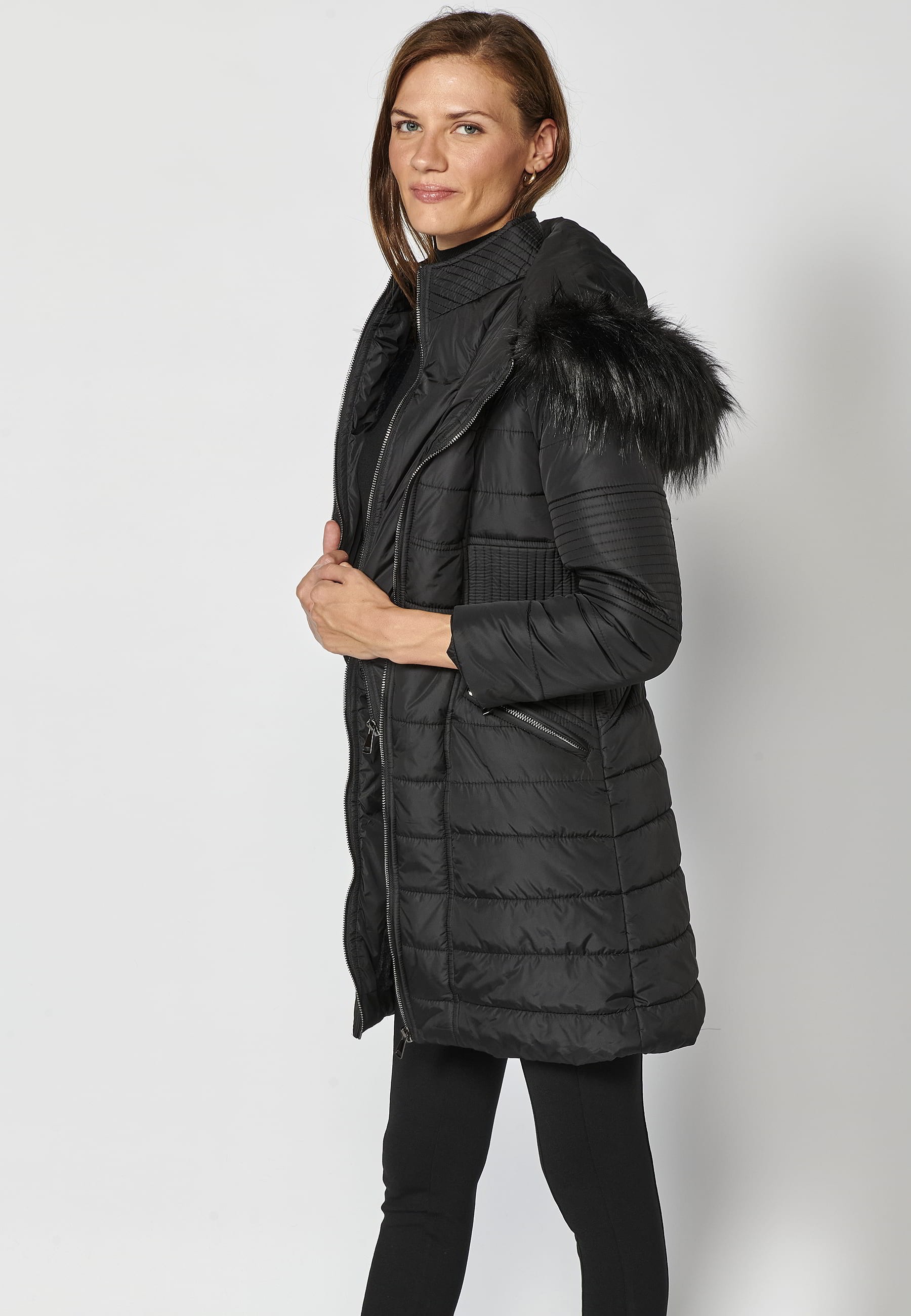 Long padded jacket with high collar with black faux fur hood for Women 10