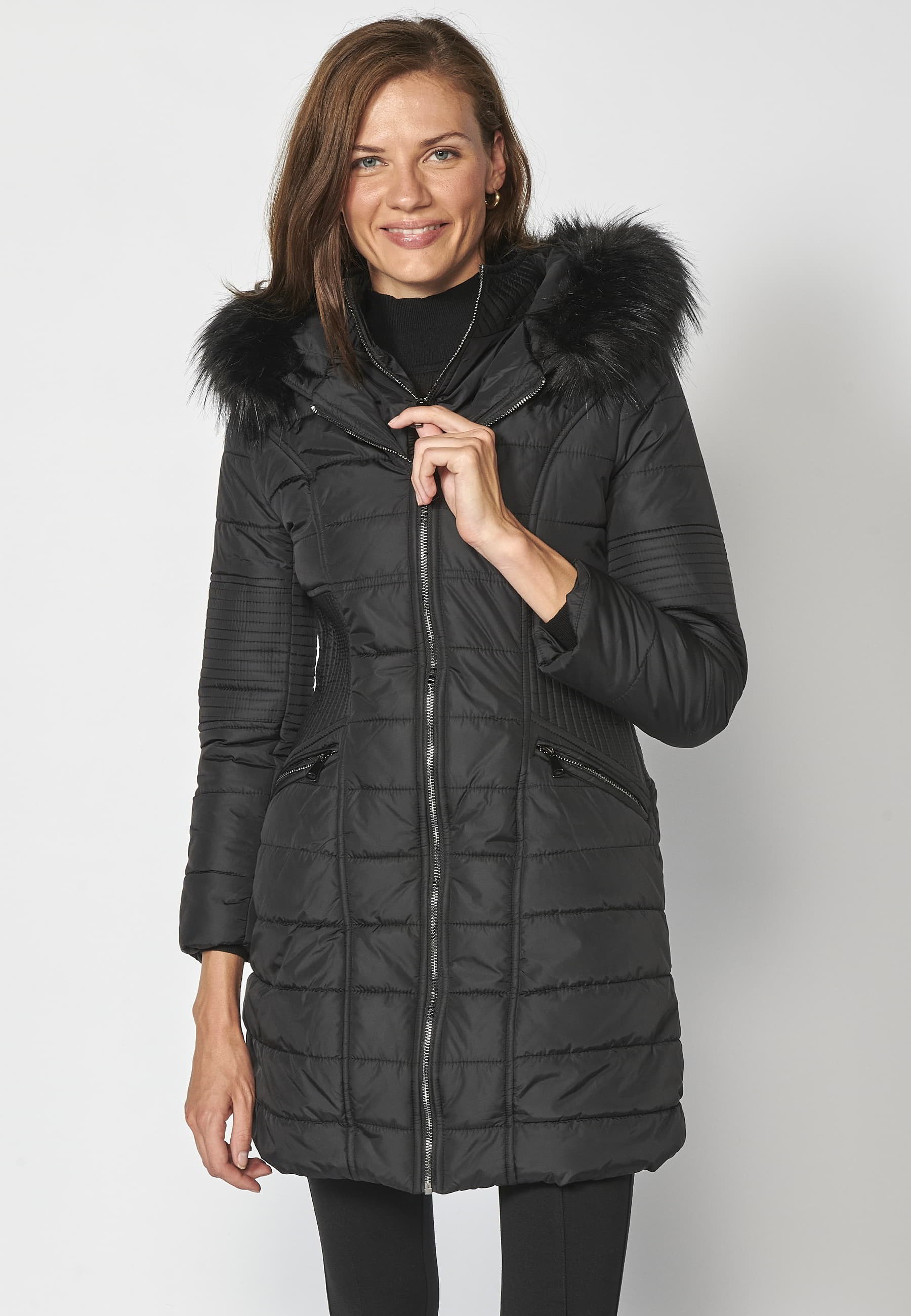 Long padded jacket with high collar with black faux fur hood for Women