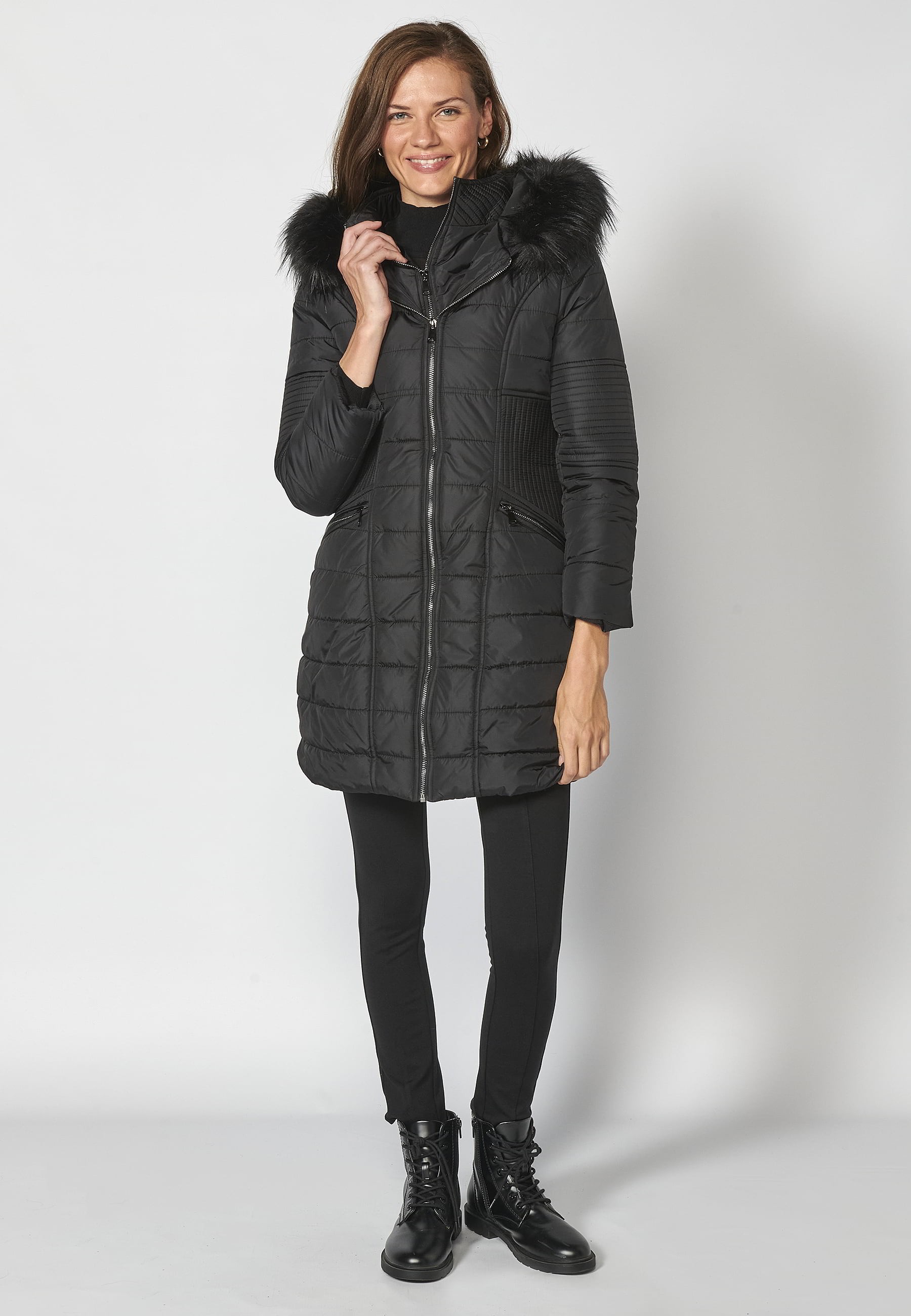 Long padded jacket with high collar with black faux fur hood for Women 2