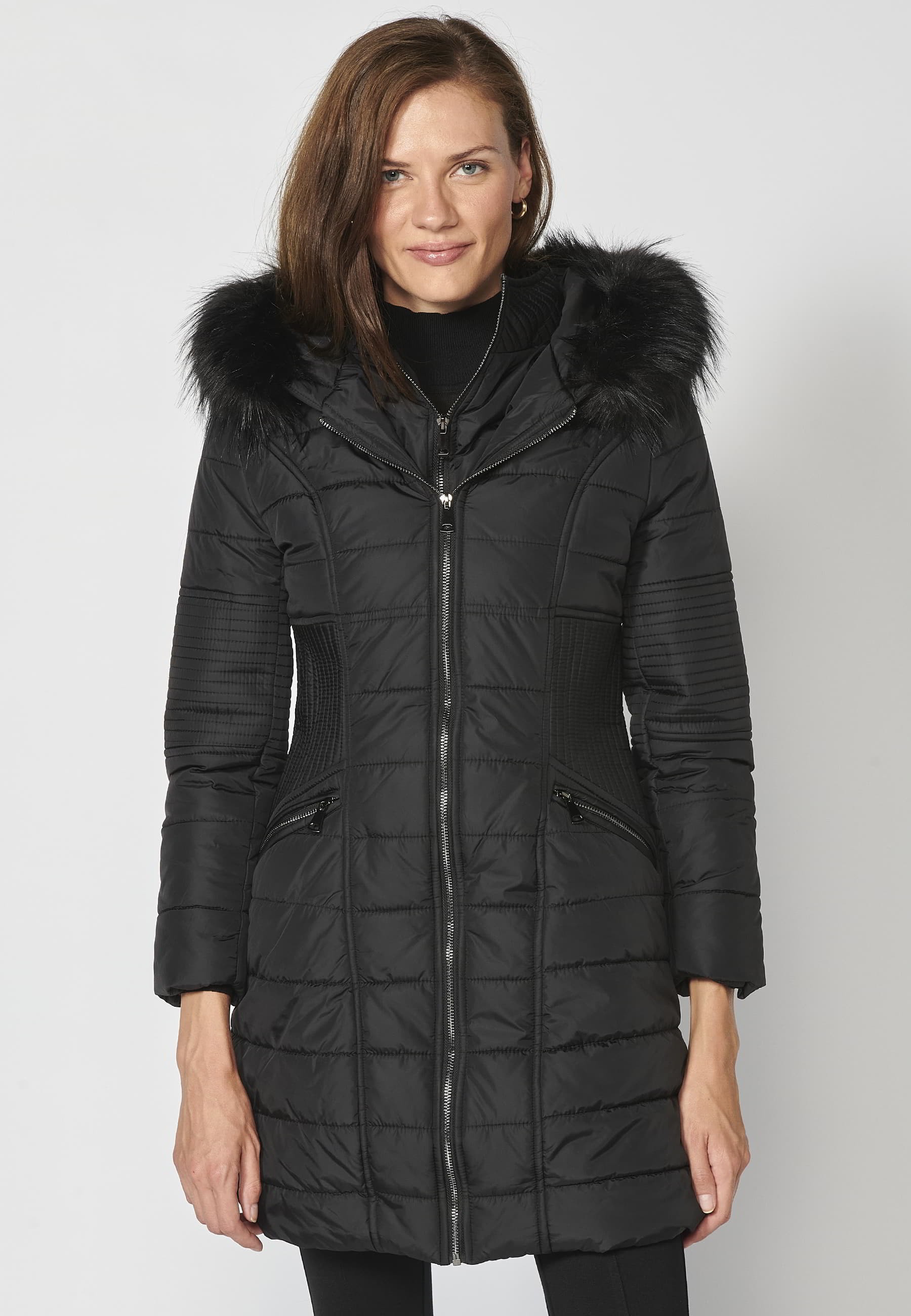 Long padded jacket with high collar with black faux fur hood for Women 4