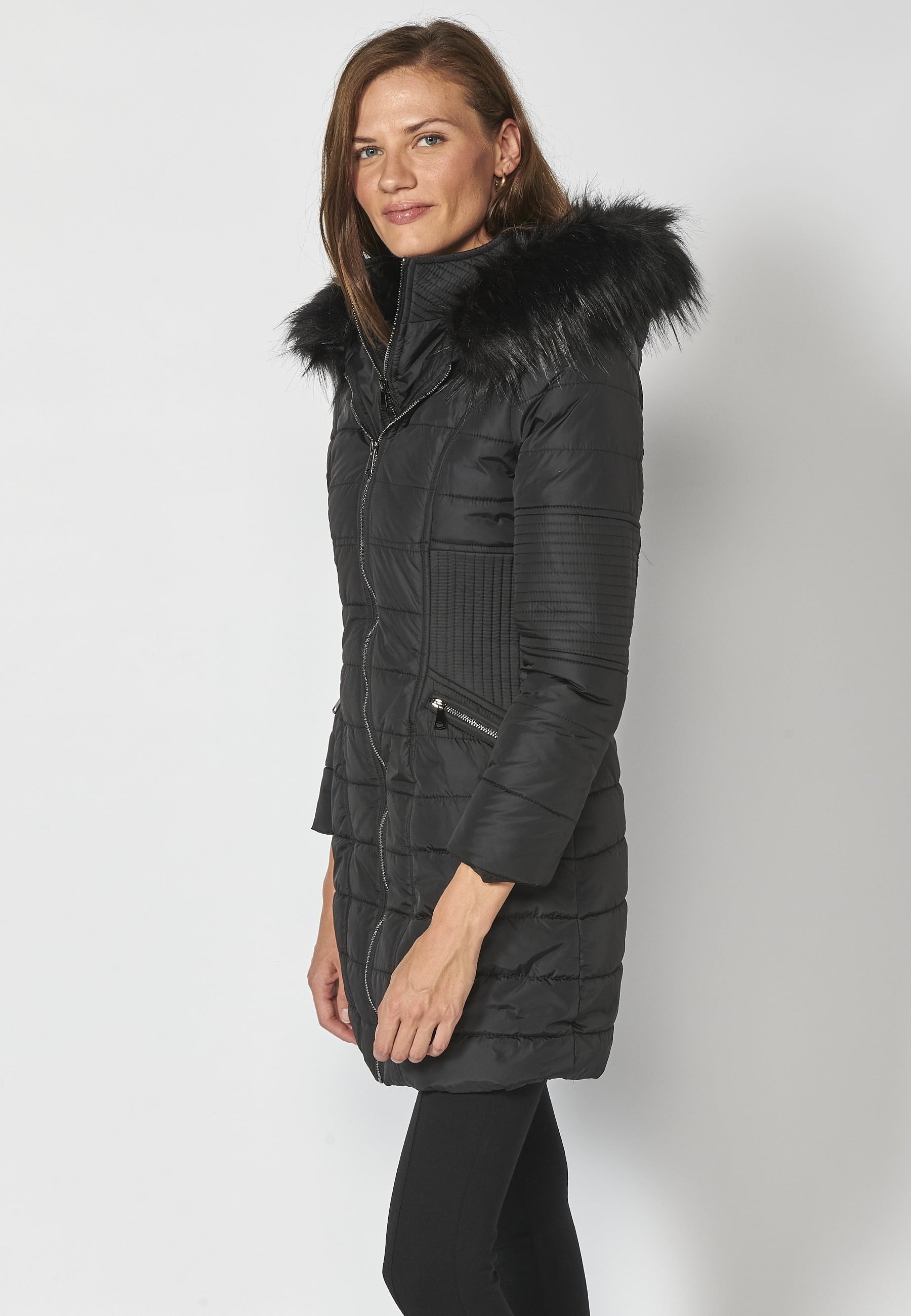 Long padded jacket with high collar with black faux fur hood for Women 3