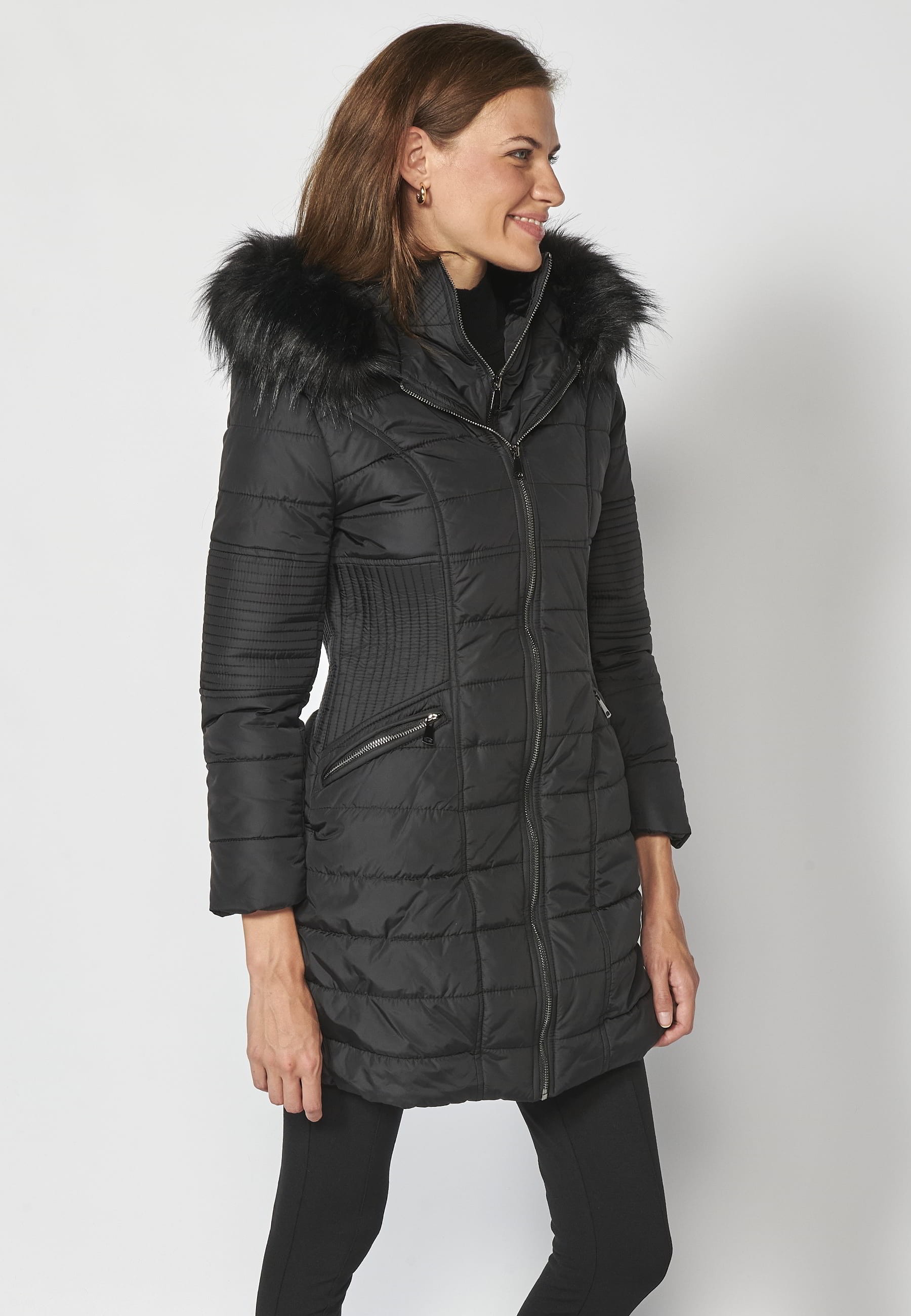 Long padded jacket with high collar with black faux fur hood for Women 1