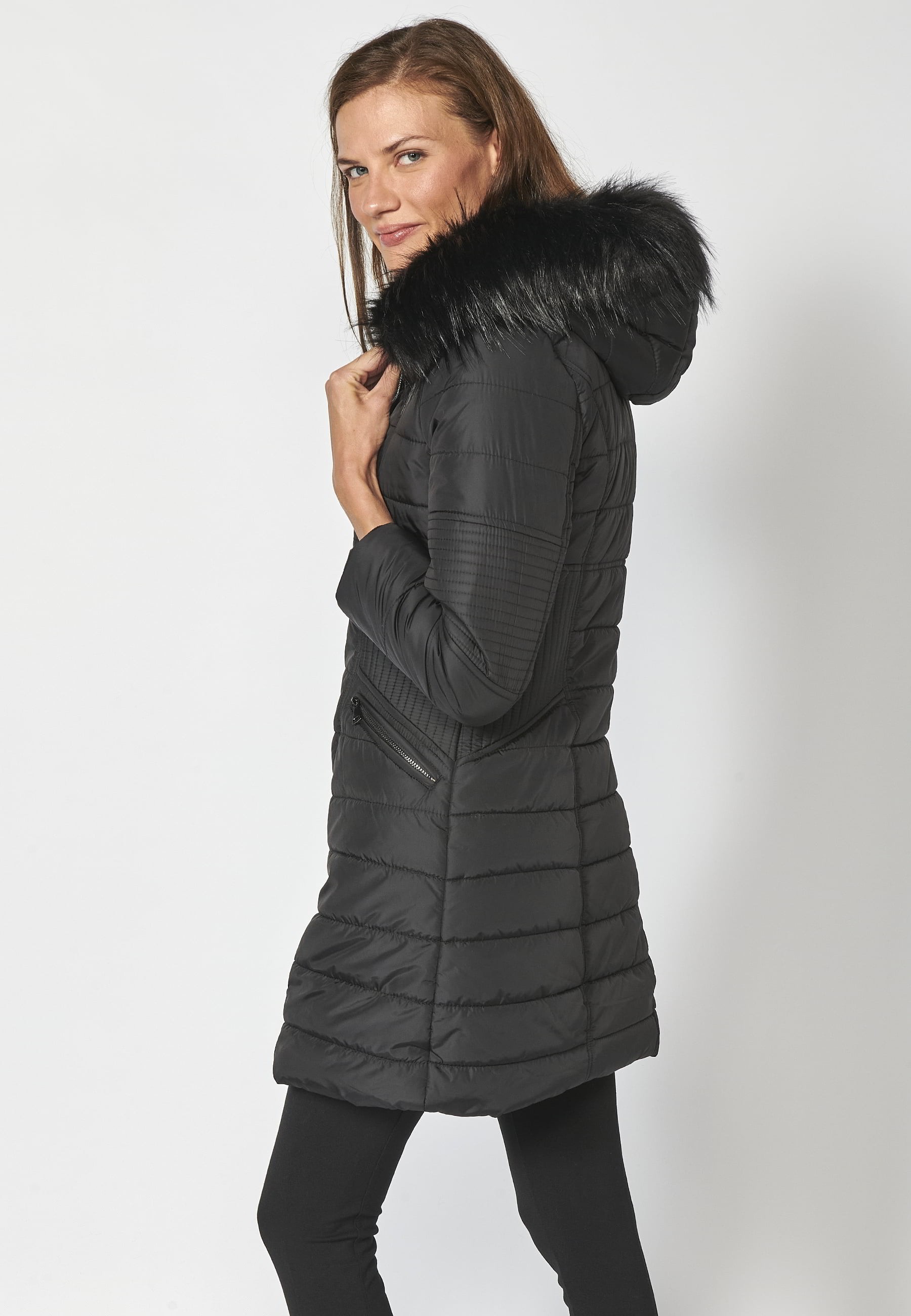 Long padded jacket with high collar with black faux fur hood for Women 6