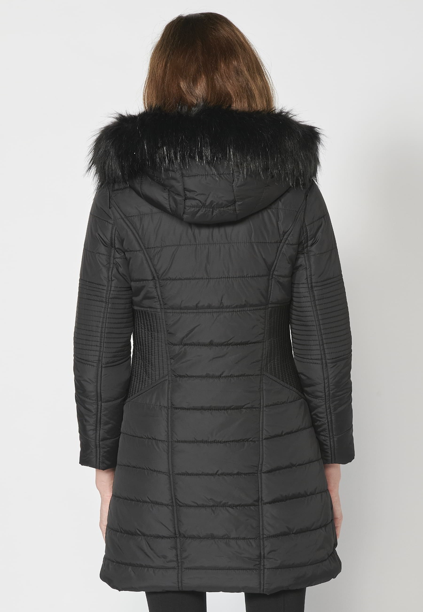 Long padded jacket with high collar with black faux fur hood for Women 5