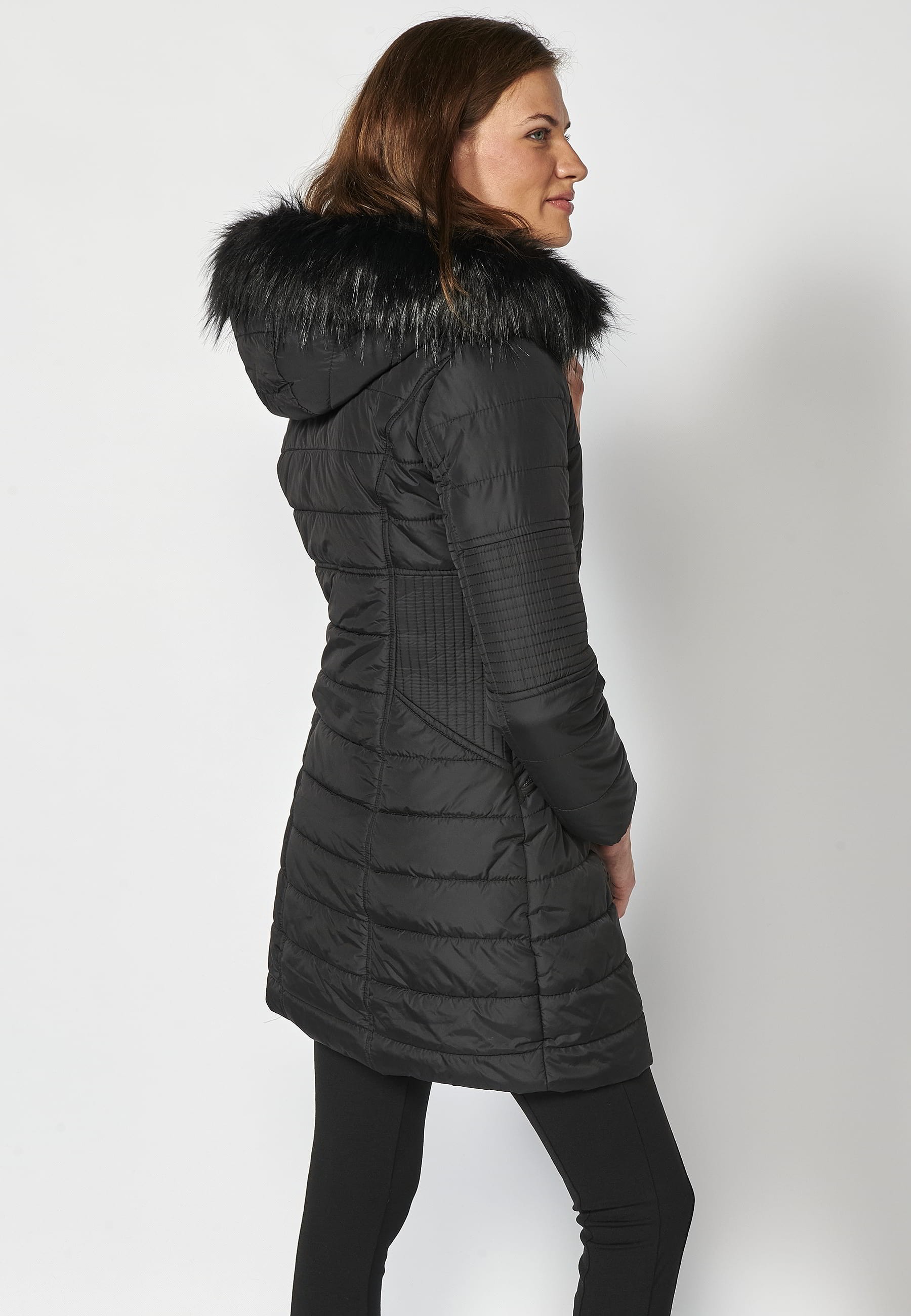 Long padded jacket with high collar with black faux fur hood for Women 12