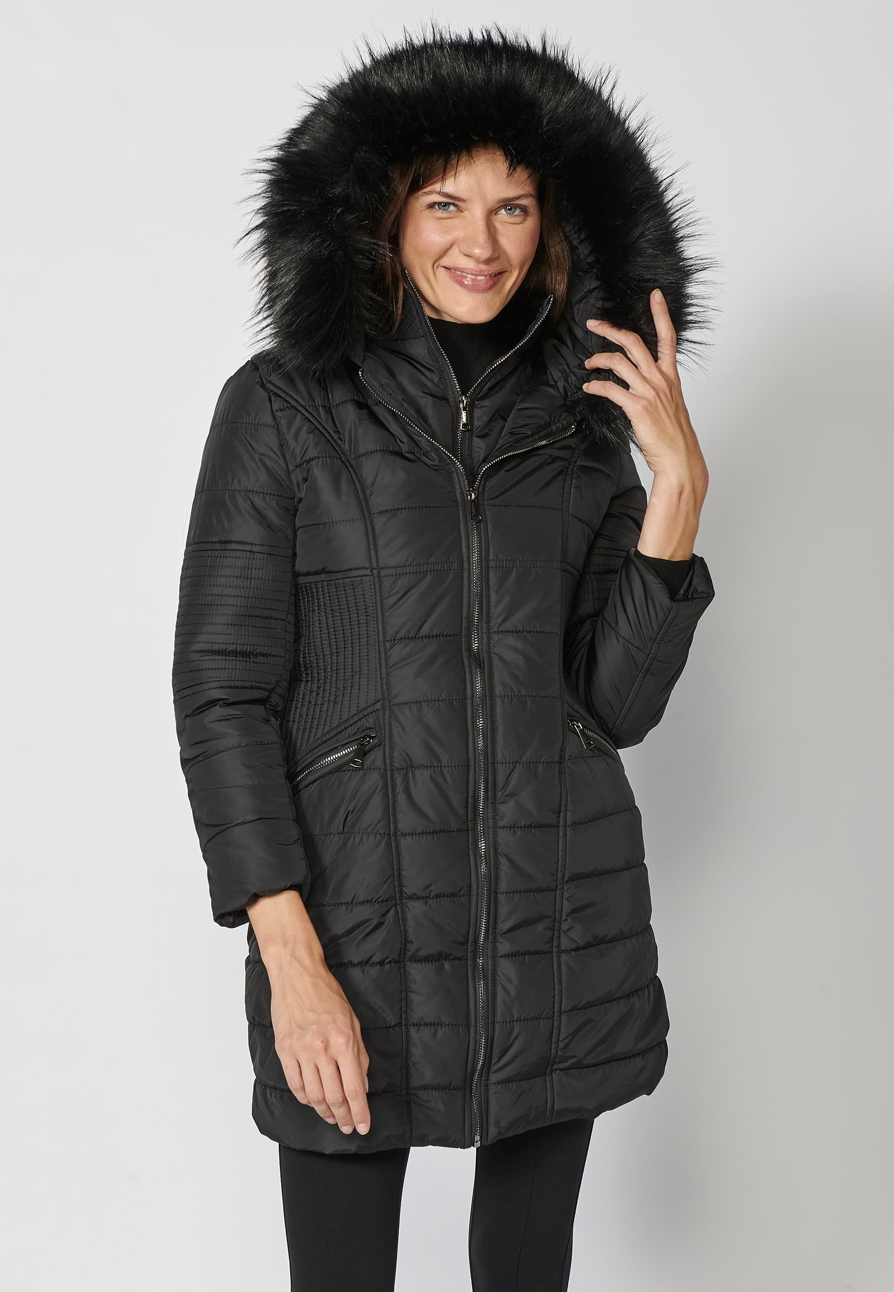 Long padded jacket with high collar with black faux fur hood for Women 9