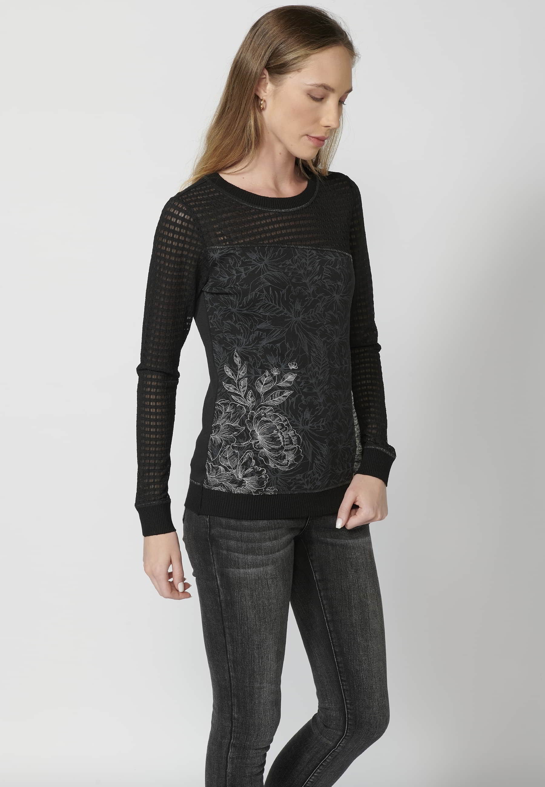 Schwarzes, mit Blumen besticktes, langärmliges Baumwoll-T-Shirt für Damen