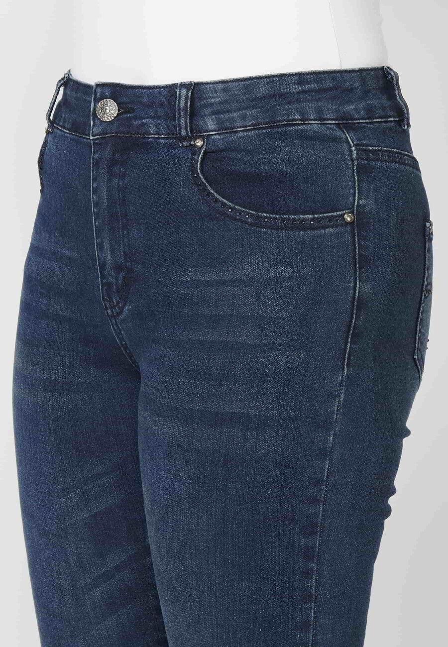 Pantalons llargs denim amb detalls a les butxaques color Blau Fosc per a Dona 10