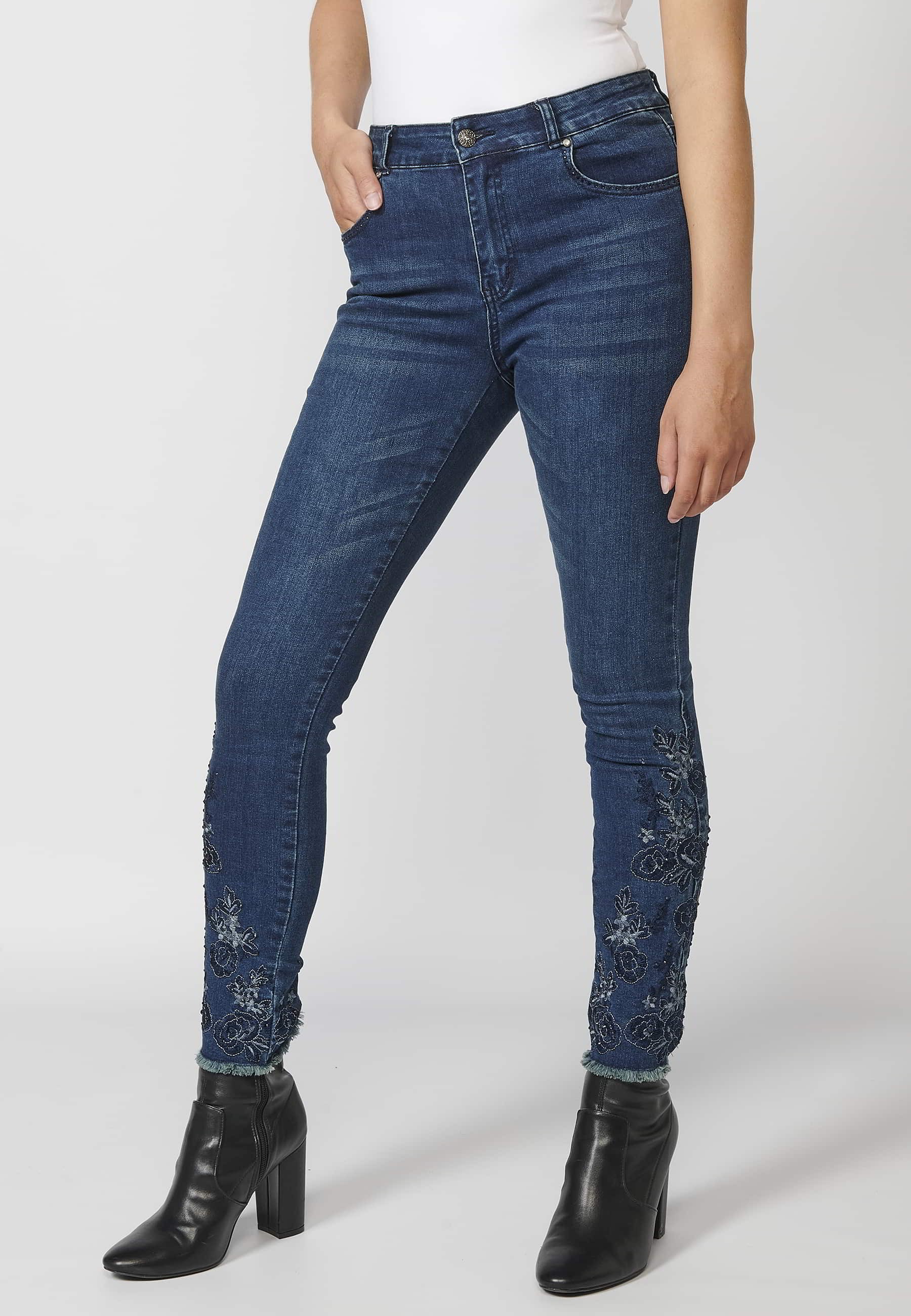 Pantalons llargs denim amb detalls a les butxaques color Blau Fosc per a Dona