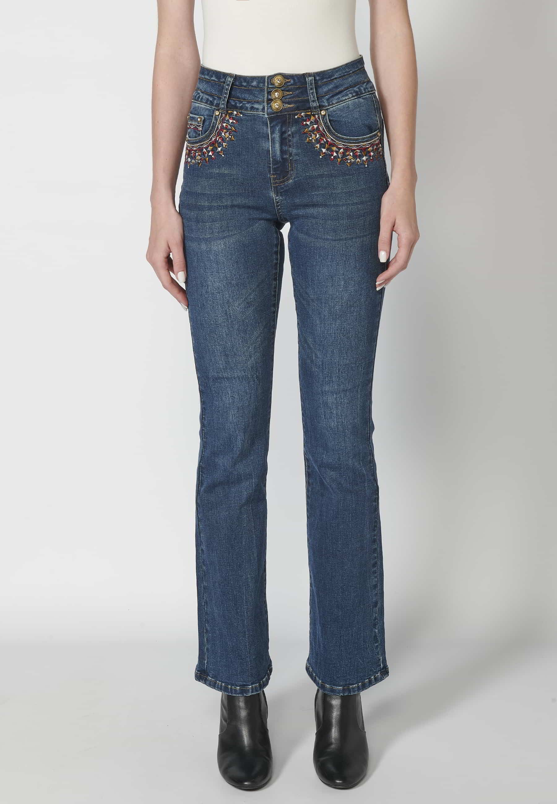 Long flared pants with floral embroidered detail in Dark Blue for Women 1