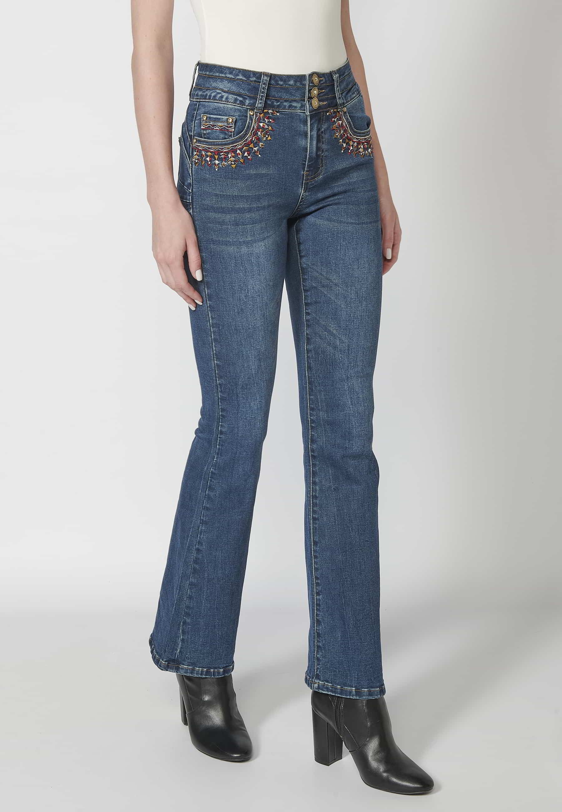 Long flared pants with floral embroidered detail in Dark Blue for Women 2