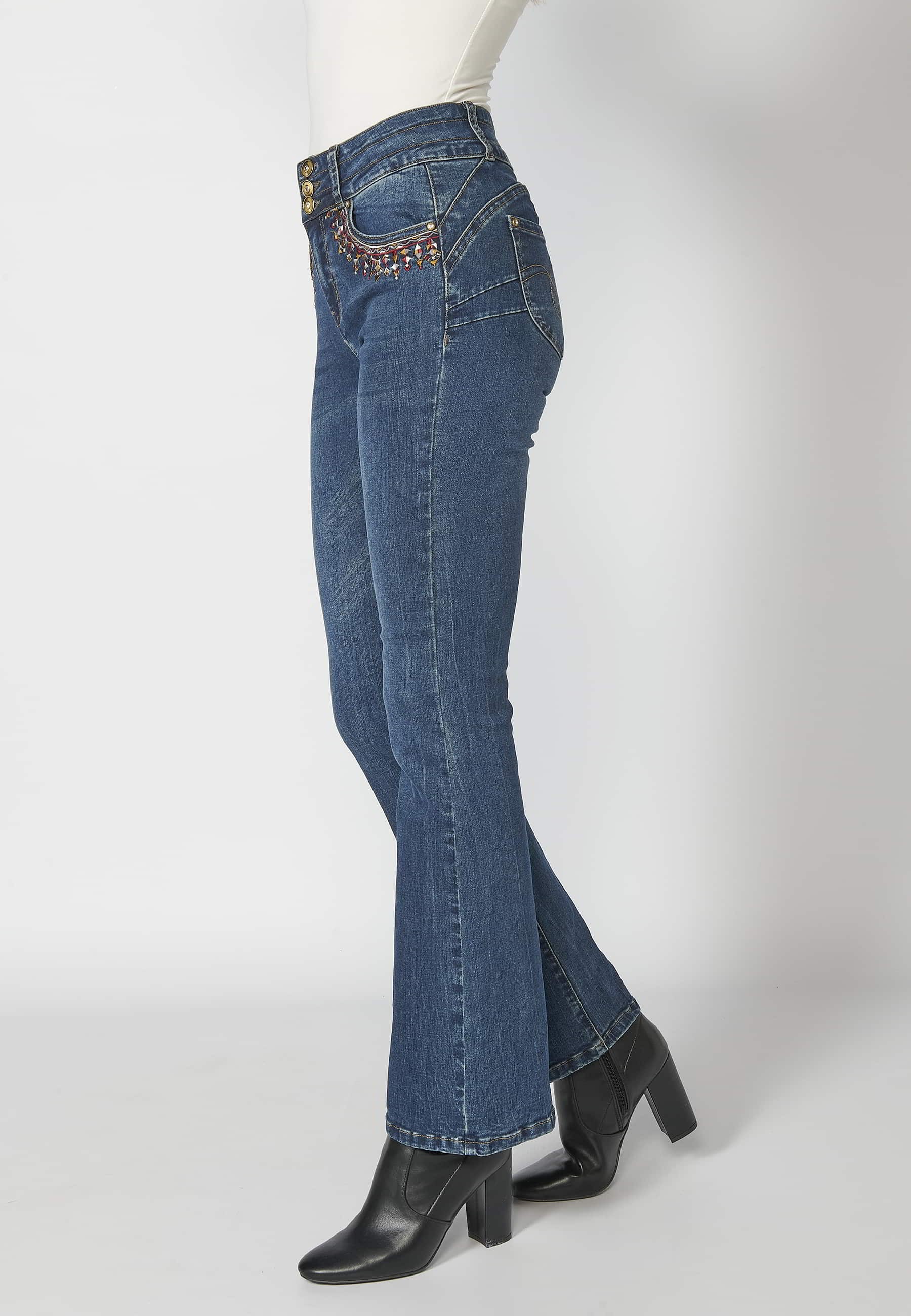 Long flared pants with floral embroidered detail in Dark Blue for Women 3