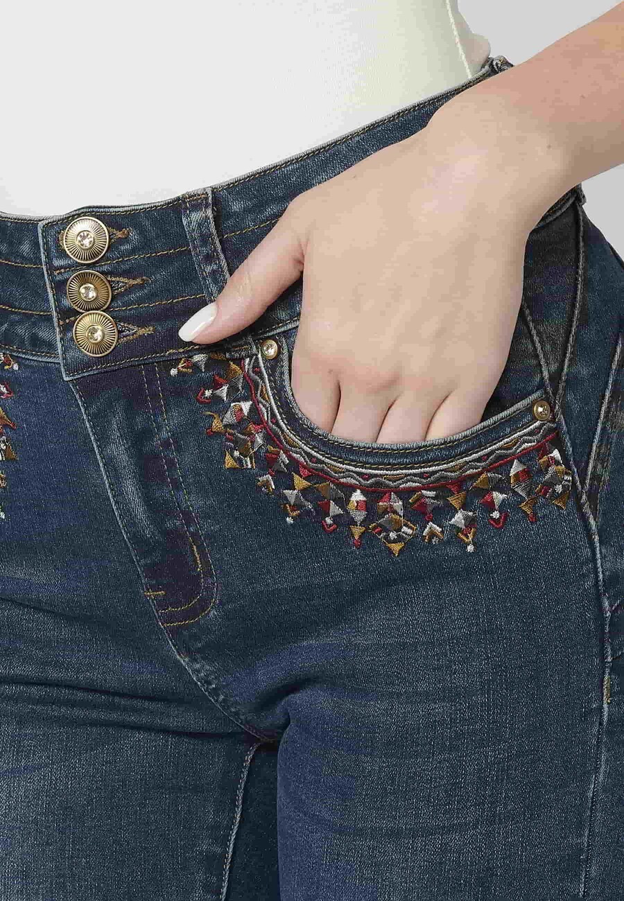 Long flared pants with floral embroidered detail in Dark Blue for Women 7